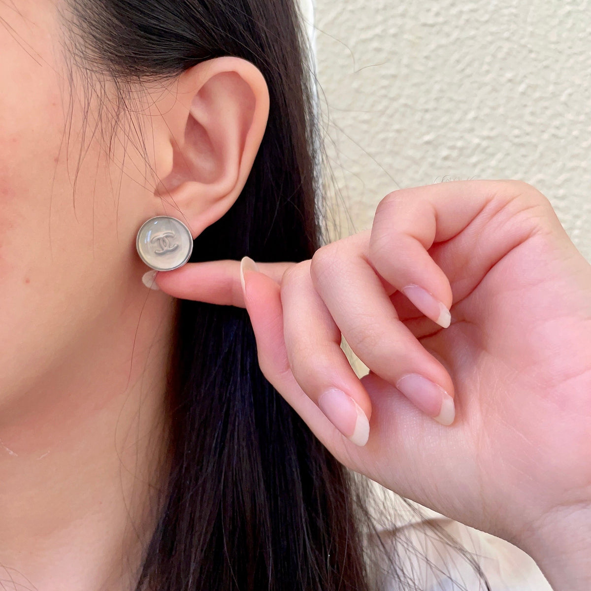Double-C Emblem Stud Earrings in Polished Metal-Tone – Design 231 front product view