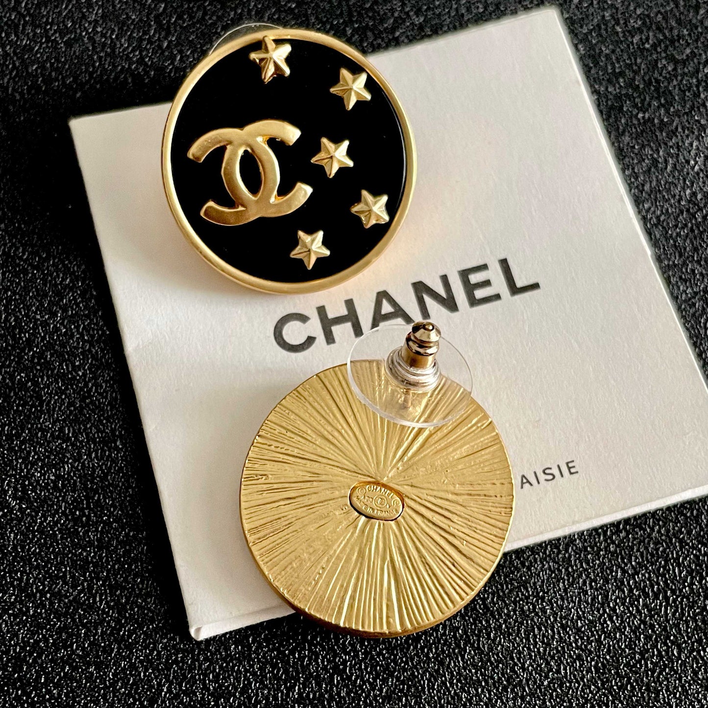 Double-C Emblem Stud Earrings in Polished Metal-Tone – Star Detail – Design 006 main product view