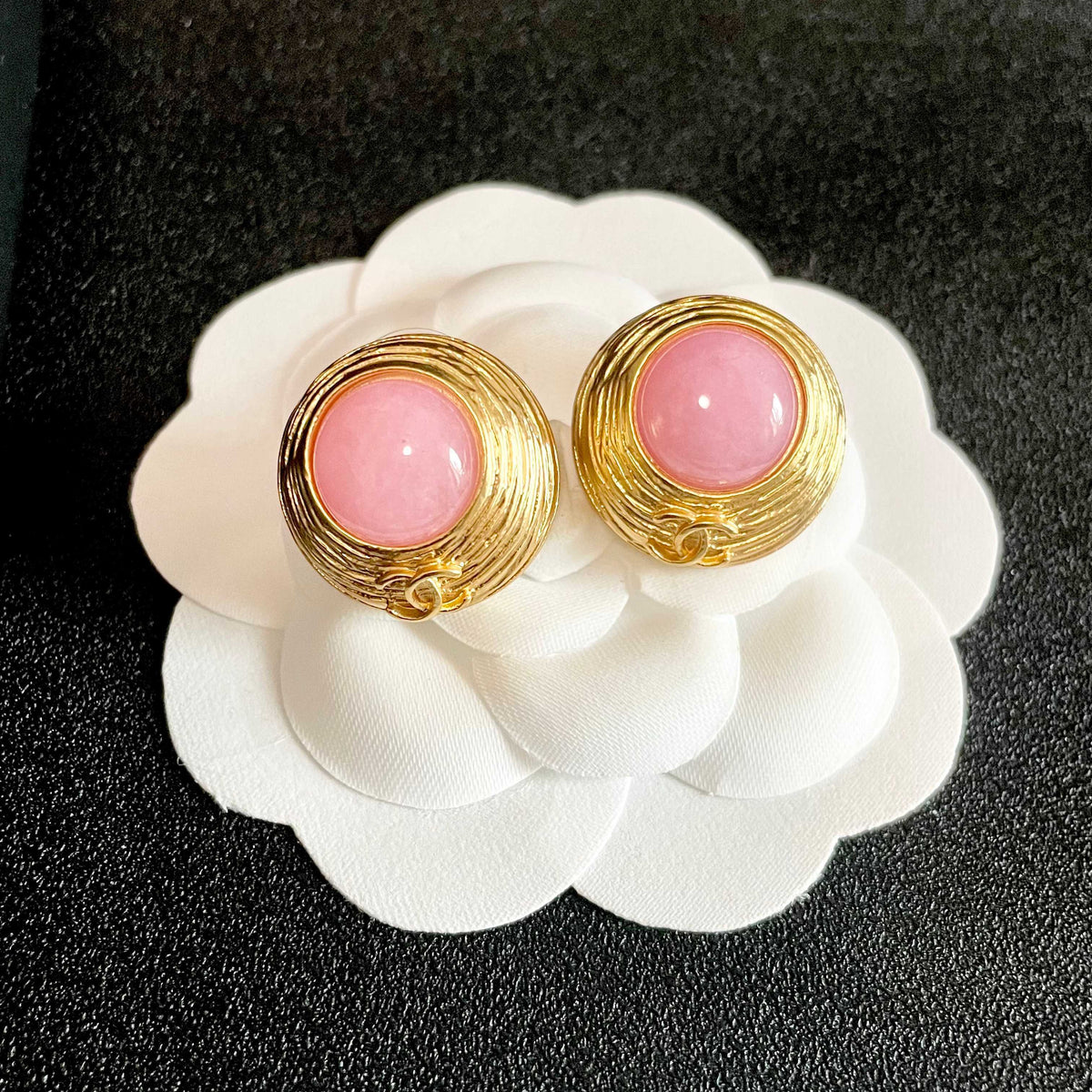 Double-C Emblem Stud Earrings in Polished Metal-Tone – Design 281 front product view