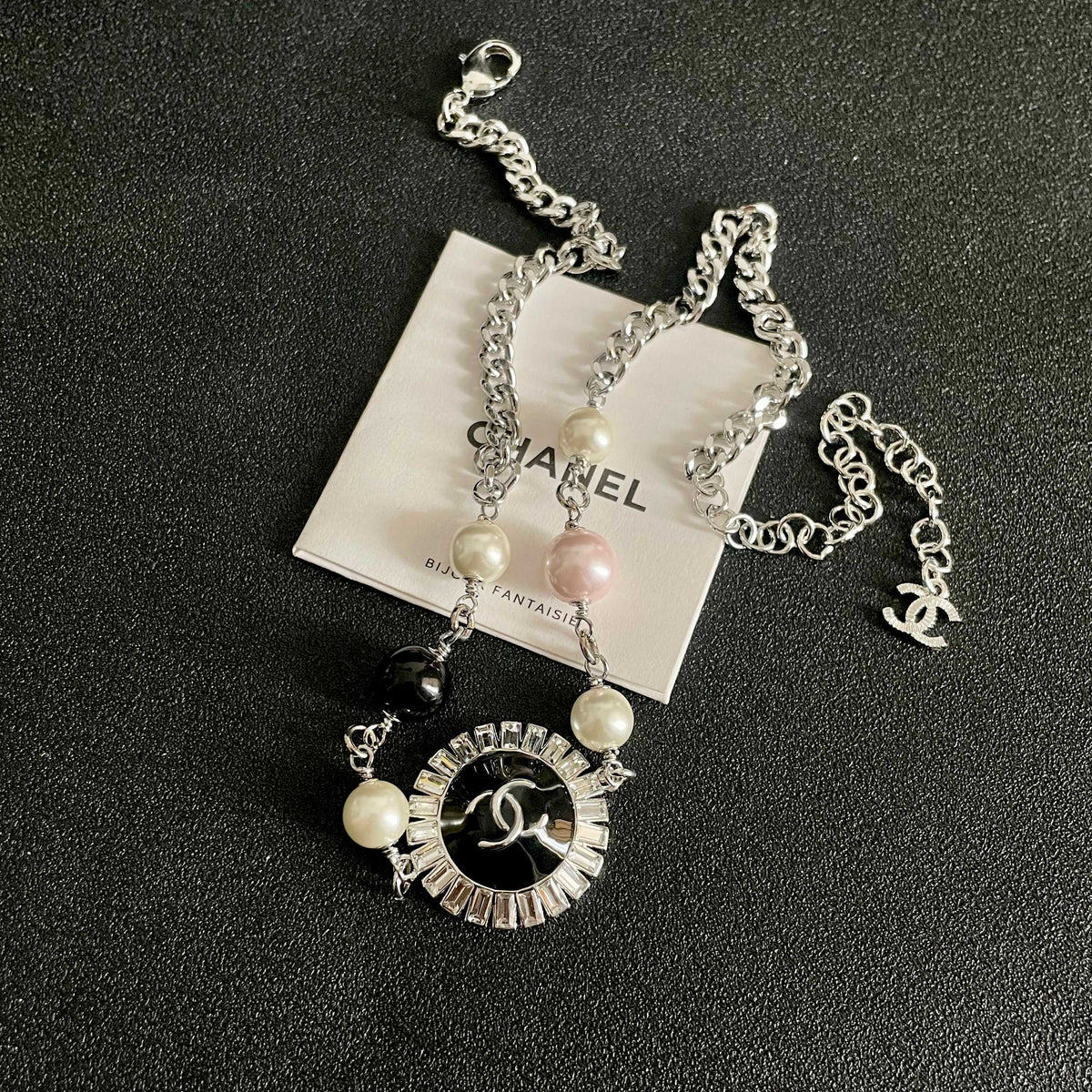 Double-C Emblem Pearl-Detail Pendant Necklace – Pearl Detail – Design 035 detail view