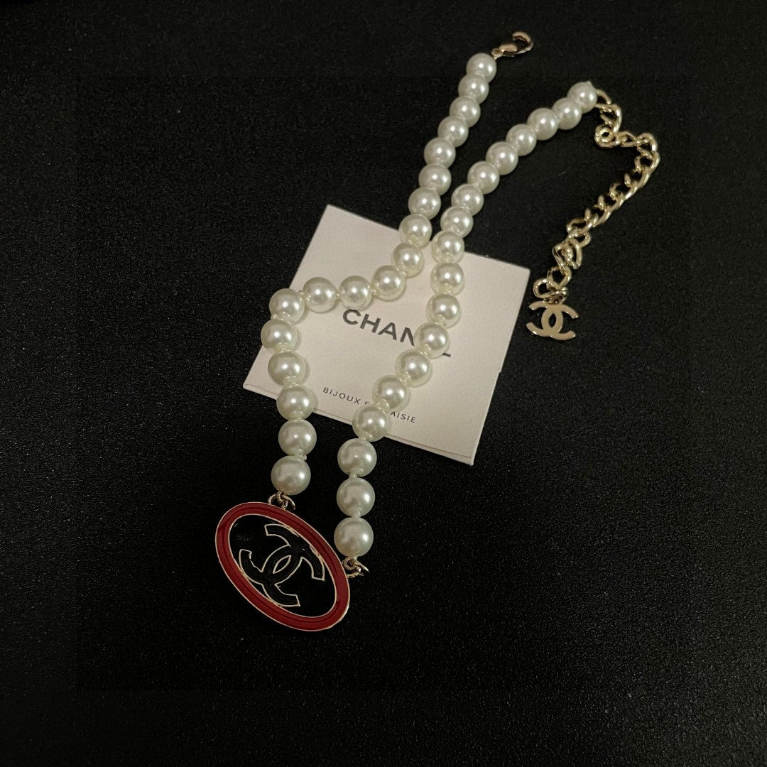 Double-C Emblem Pearl-Detail Pendant Necklace – Pearl Detail – Design 078 side detail