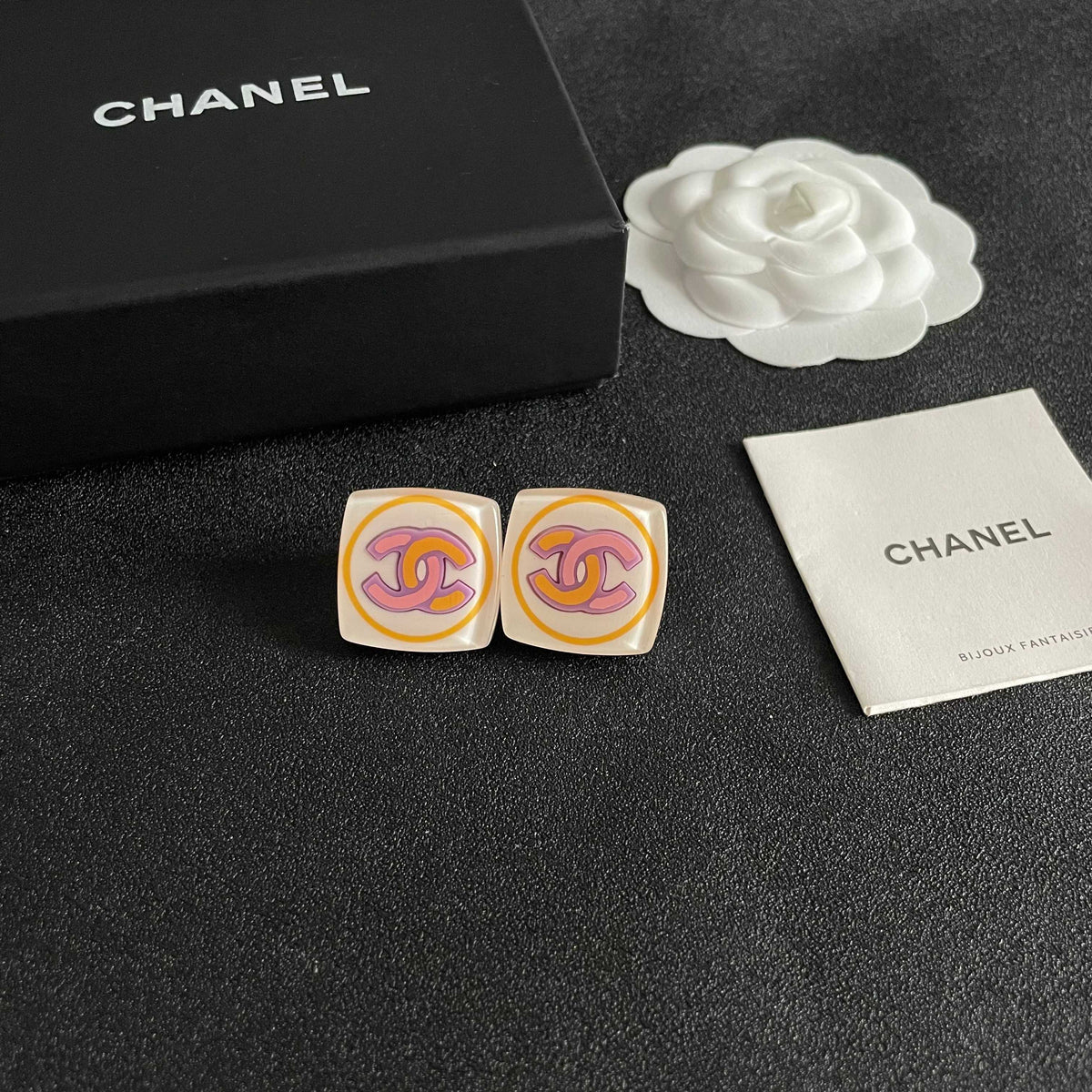 Double-C Emblem Stud Earrings in Polished Metal-Tone – Design 456 styled product view
