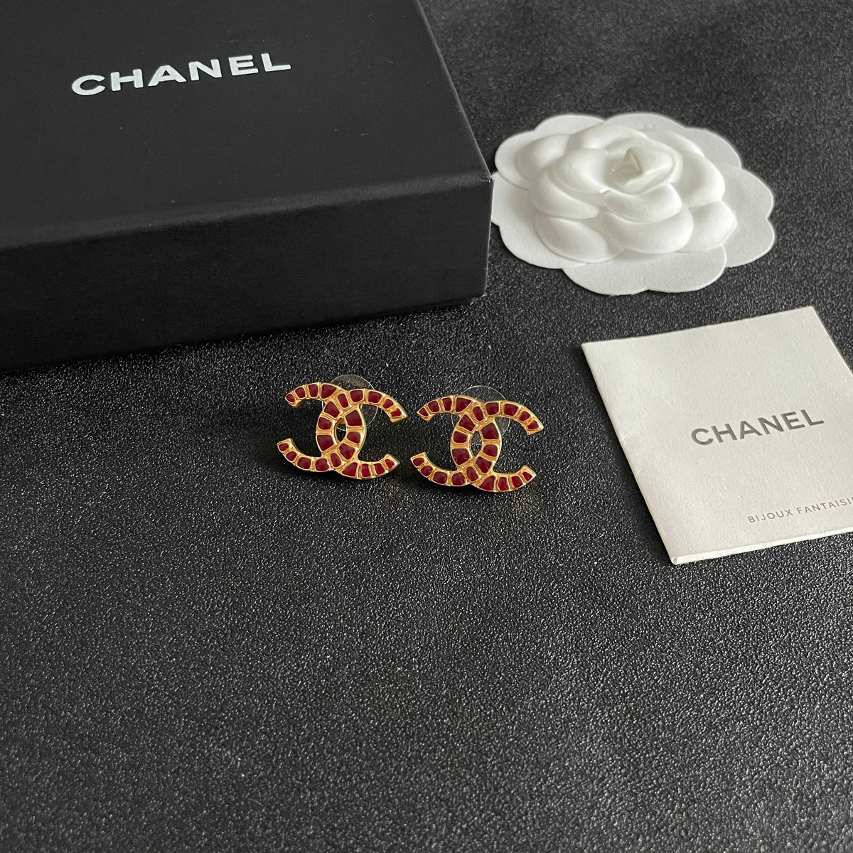Double-C Emblem Stud Earrings in Polished Metal-Tone – Design 055 styled product view
