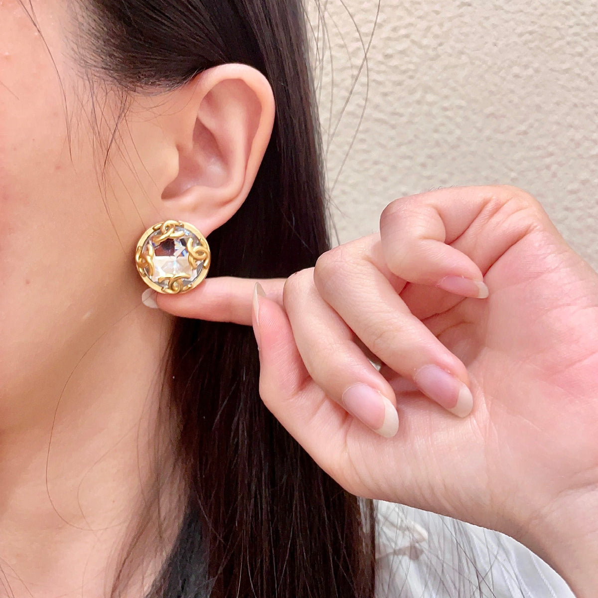 Double-C Emblem Stud Earrings in Polished Metal-Tone – Design 121 front product view
