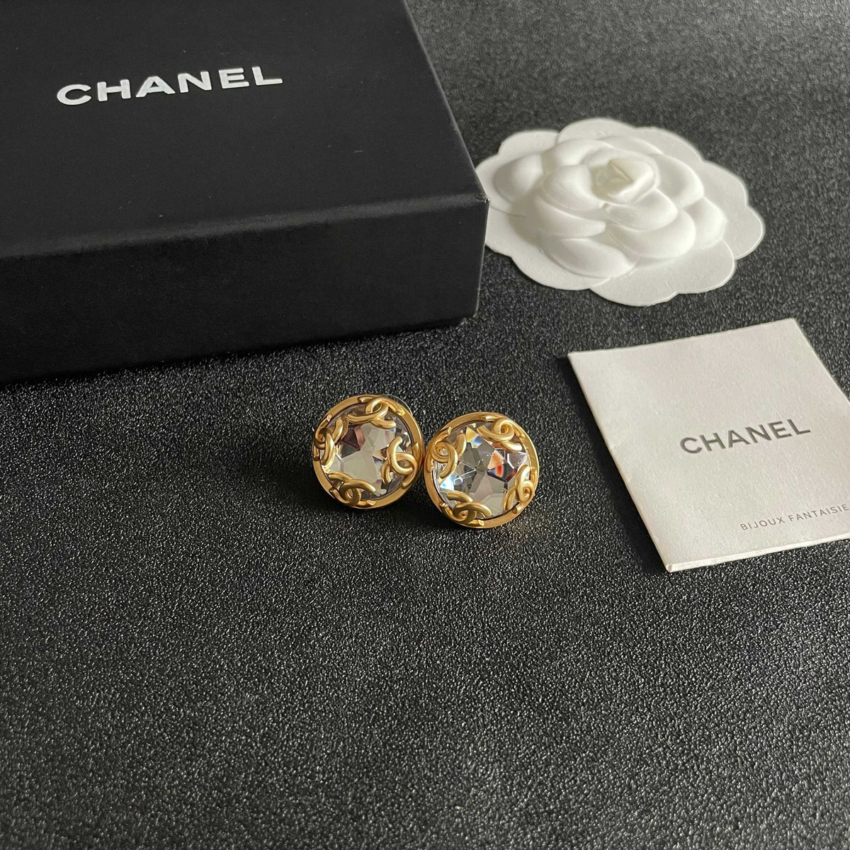Double-C Emblem Stud Earrings in Polished Metal-Tone – Design 167 styled product view