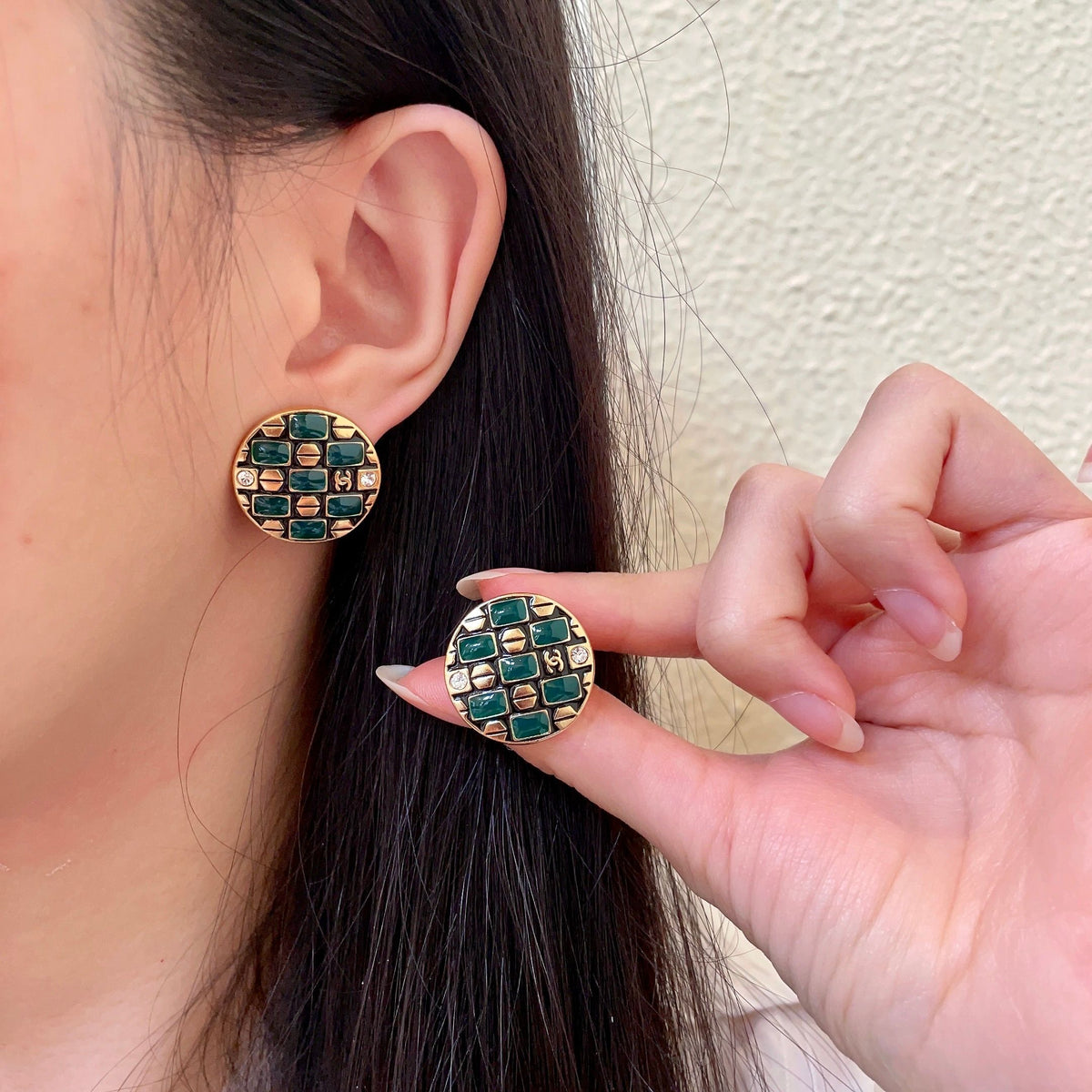 Double-C Emblem Stud Earrings in Polished Metal-Tone – Design 001 main product view