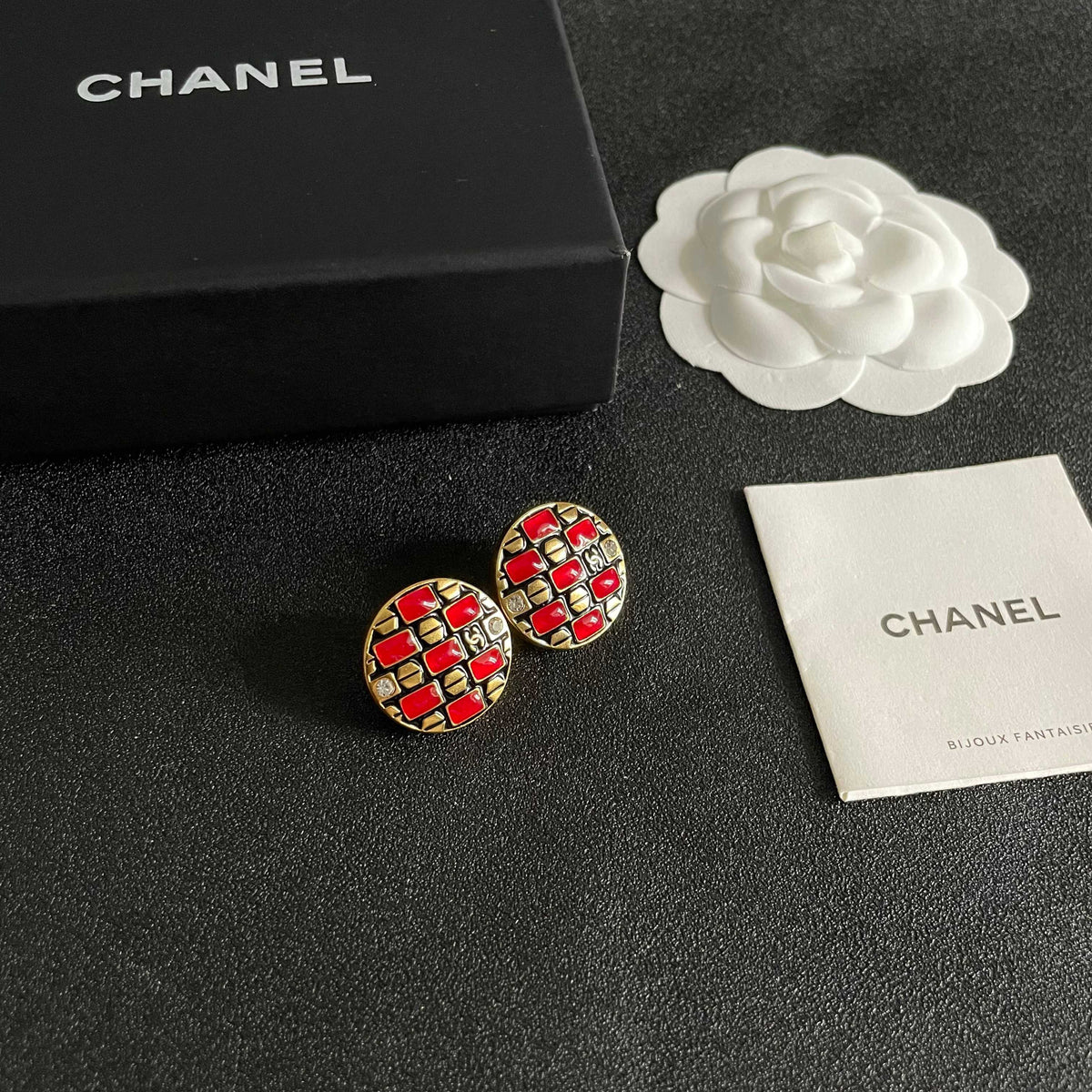 Double-C Emblem Stud Earrings in Polished Metal-Tone – Design 165 styled product view