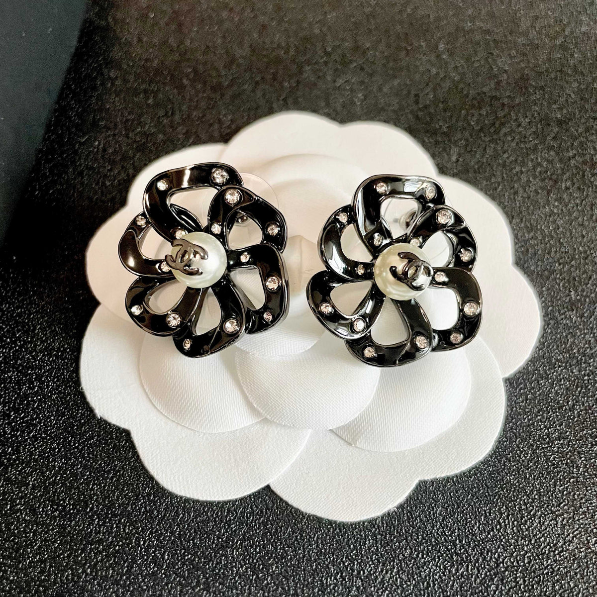 Camellia Stud Earrings in Polished Metal-Tone – Camellia Detail – Design 029 front product view