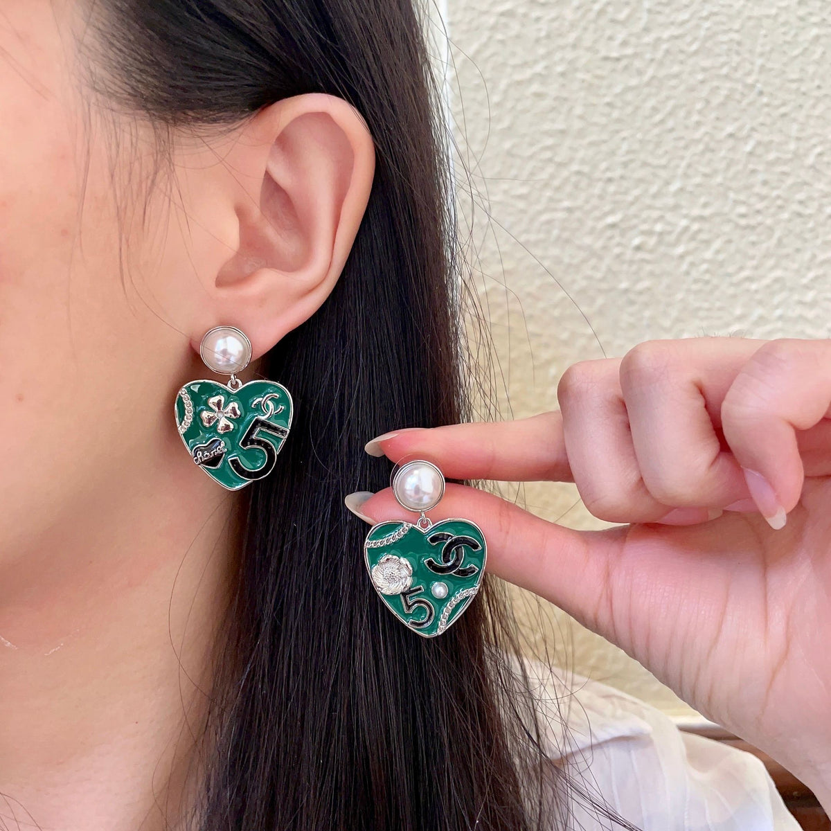 Double-C Emblem Pearl-Detail Statement Earrings – Pearl Detail – Design 007 main product view
