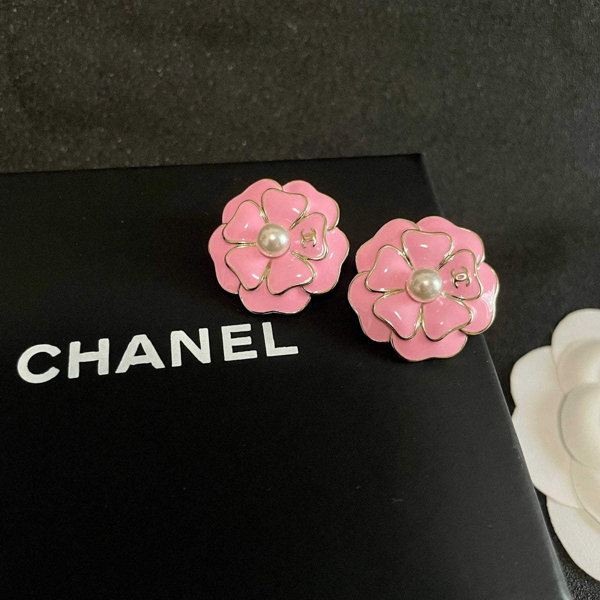 Camellia Stud Earrings in Polished Metal-Tone – Camellia Detail – Design 023 detail view