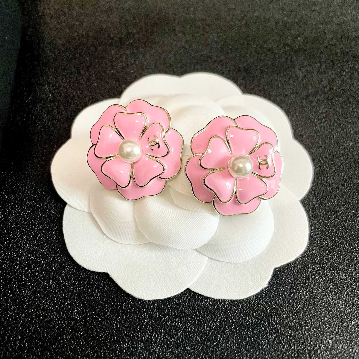 Camellia Stud Earrings in Polished Metal-Tone – Camellia Detail – Design 023 front product view