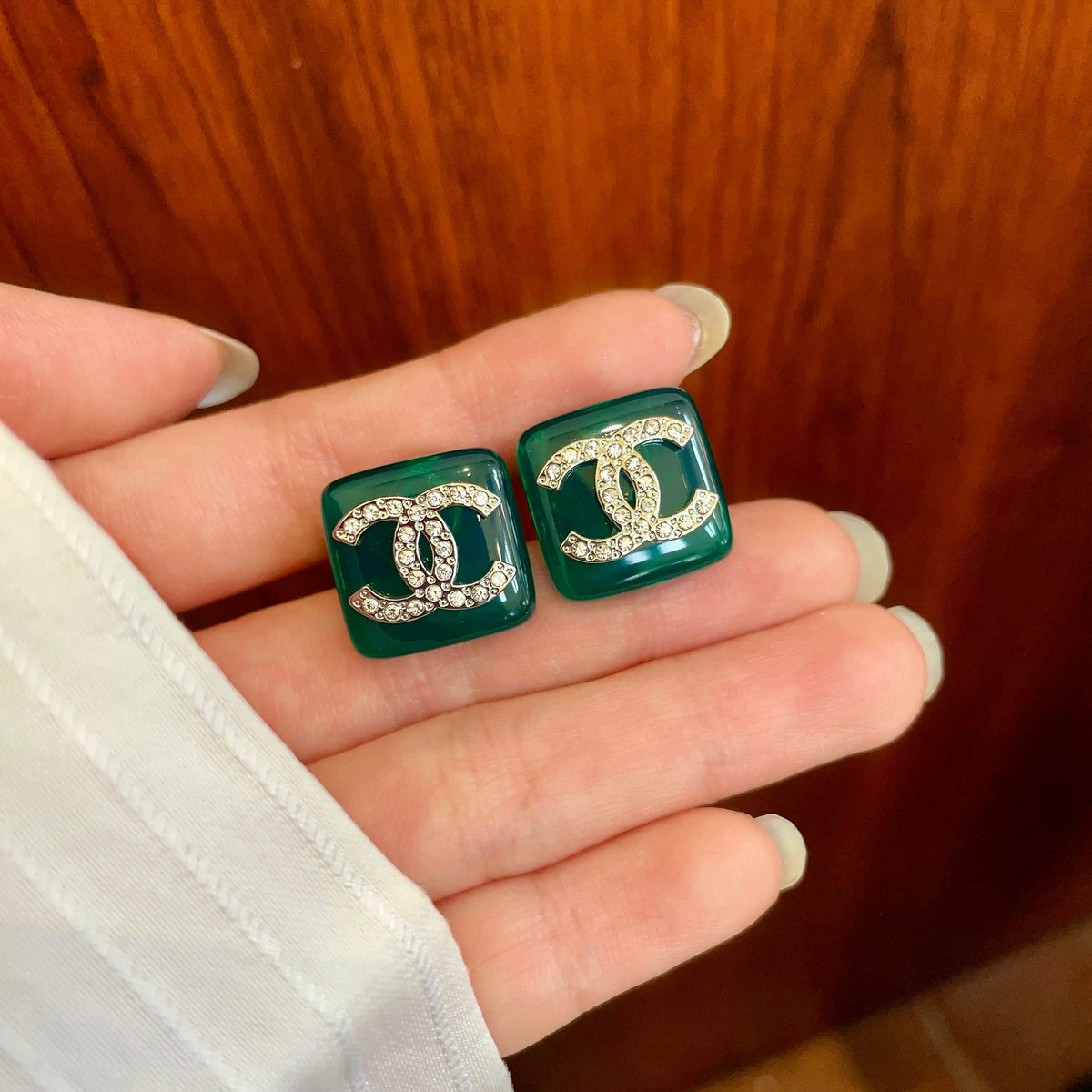Double-C Emblem Crystal-Accent Stud Earrings – Design 012 side detail