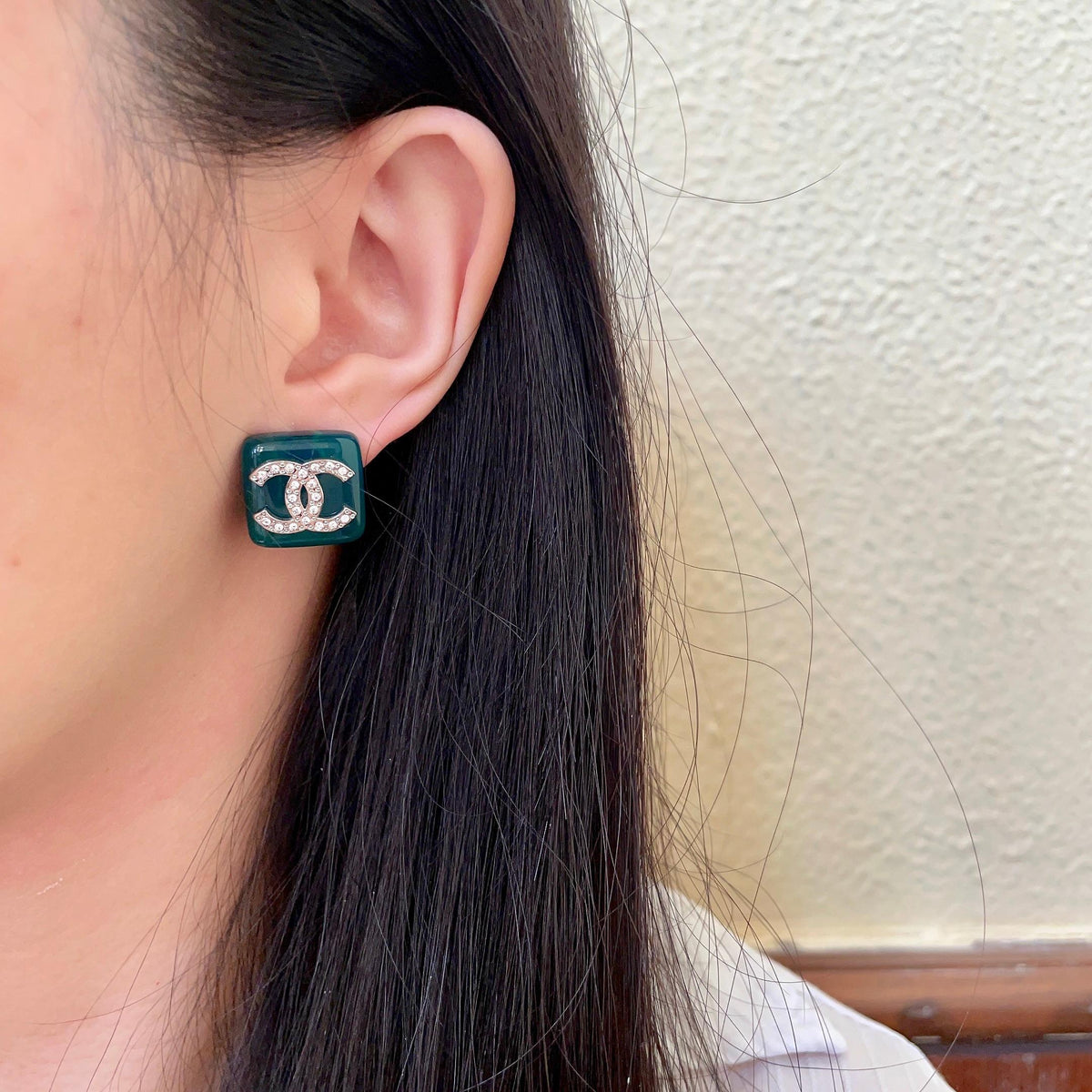Double-C Emblem Crystal-Accent Stud Earrings – Design 004 detail view