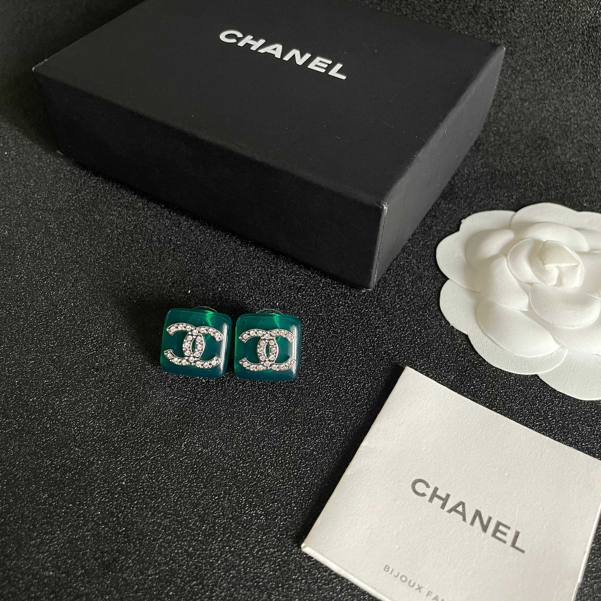 Double-C Emblem Crystal-Accent Stud Earrings – Design 015 close-up detail