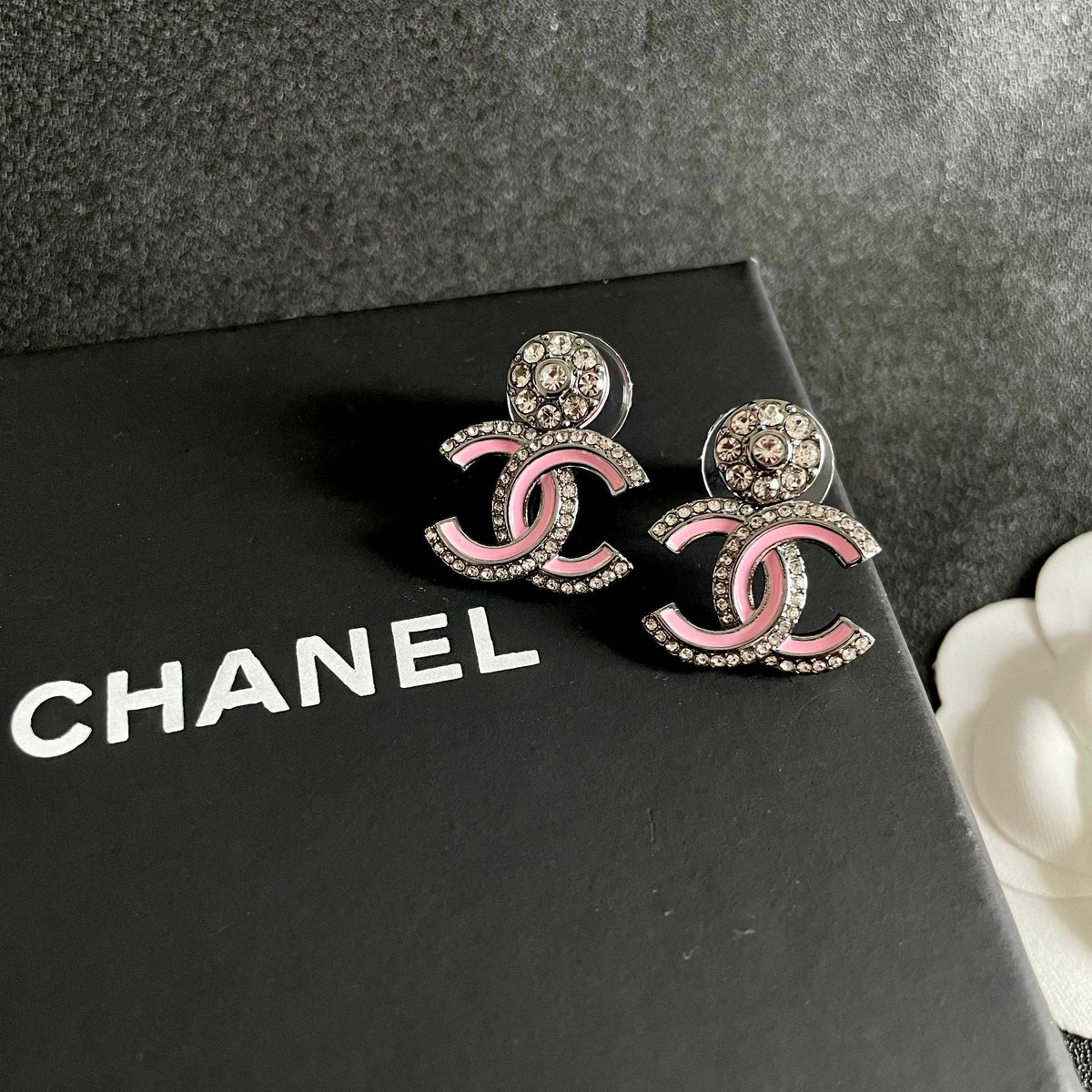 Double-C Emblem Crystal-Accent Statement Earrings – Design 010 detail view