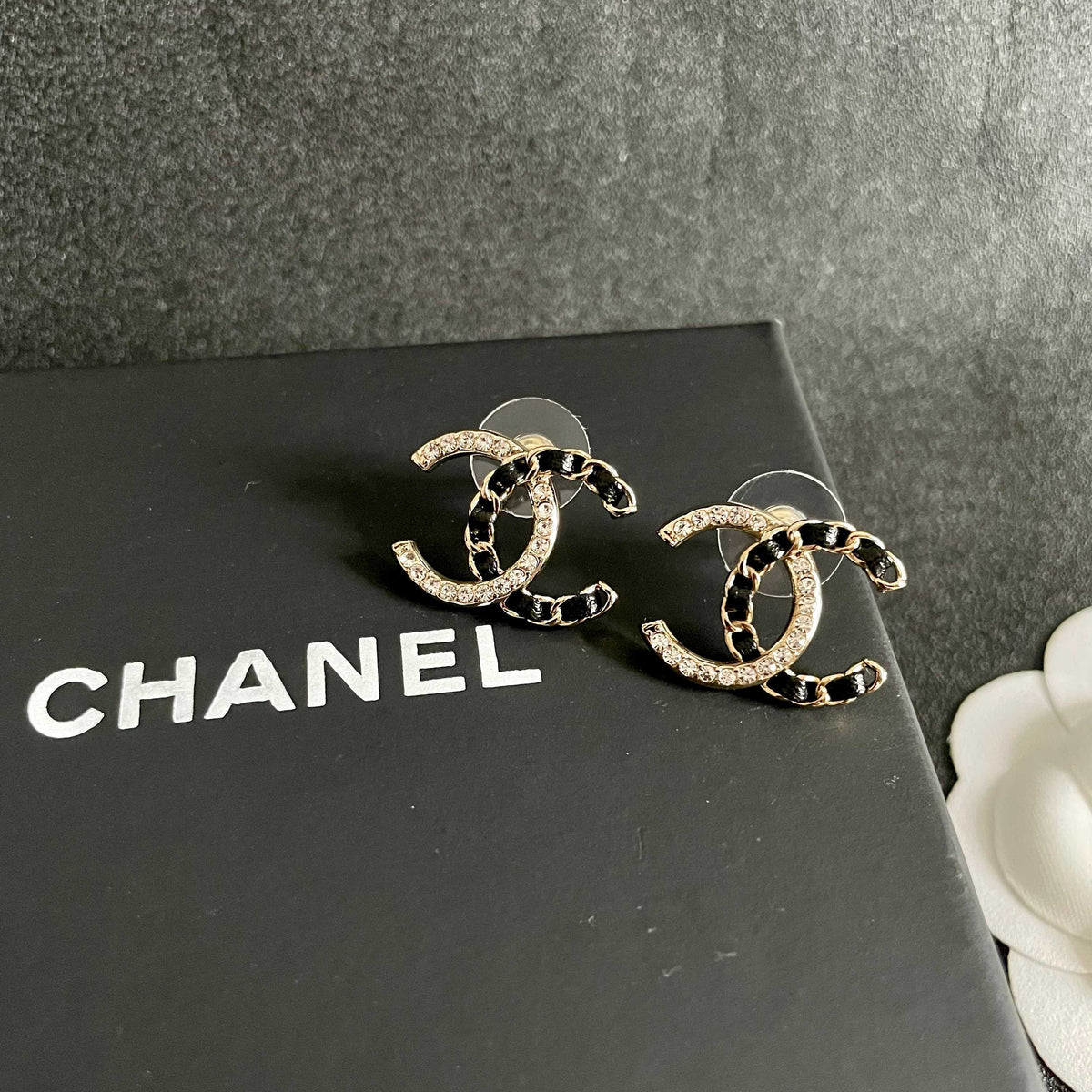 Double-C Emblem Crystal-Accent Stud Earrings – Design 014 detail view