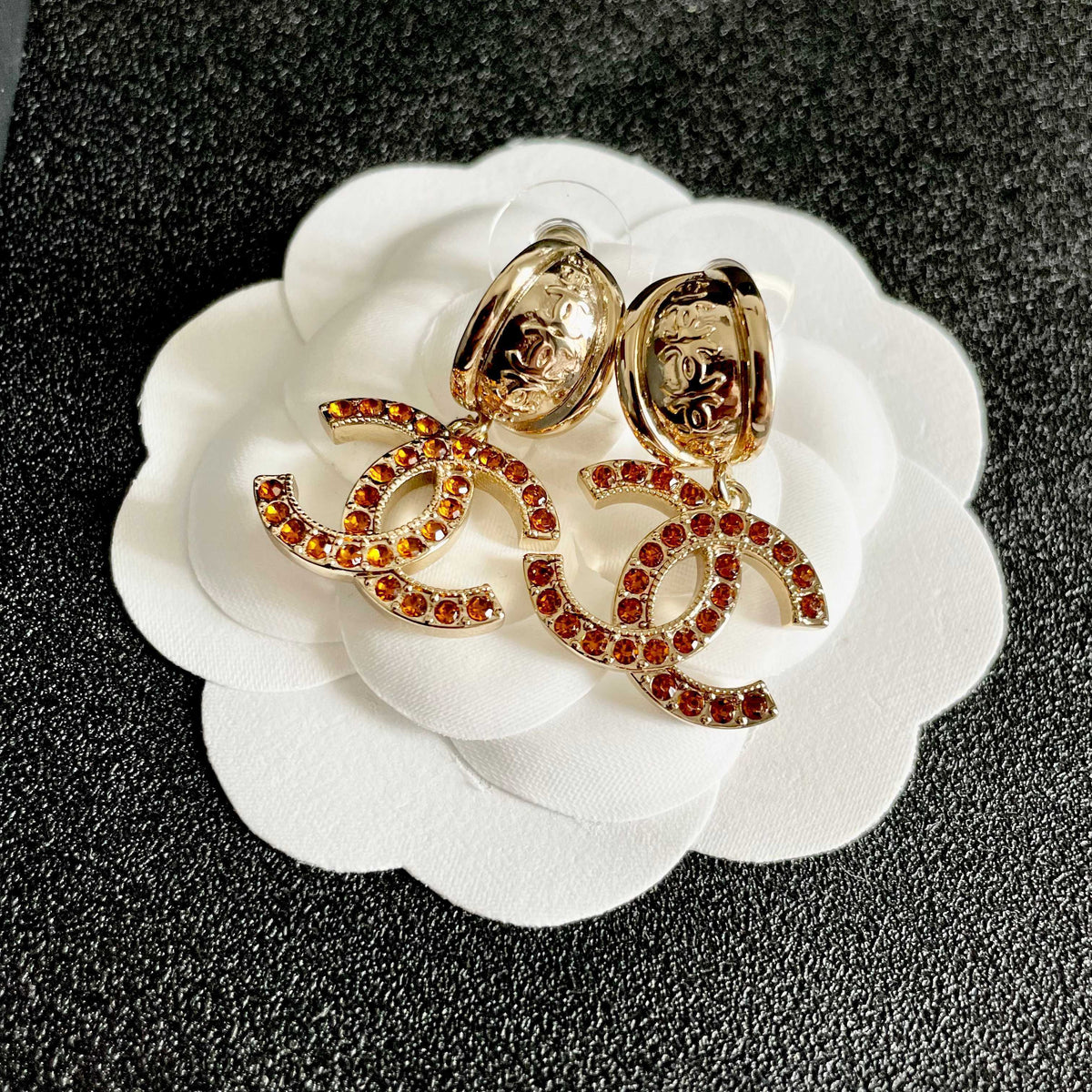 Double-C Emblem Crystal-Accent Statement Earrings – Design 013 front product view