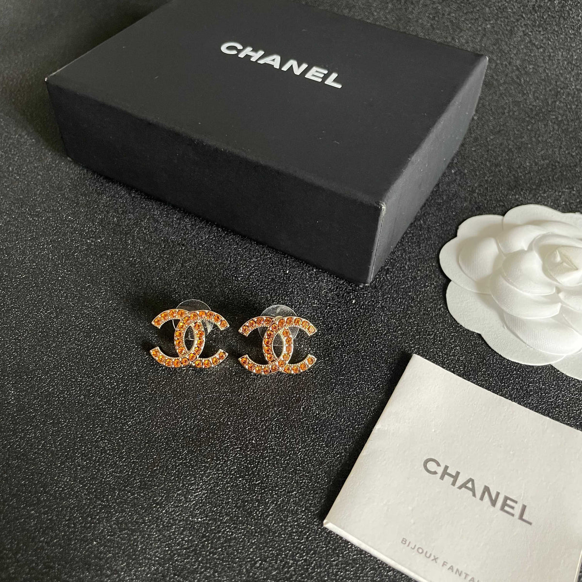 Double-C Emblem Crystal-Accent Stud Earrings – Design 023 close-up detail