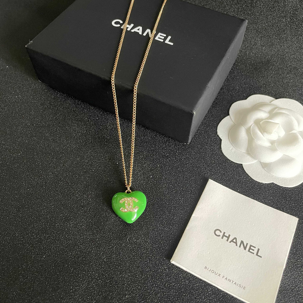 Double-C Emblem Crystal-Accent Pendant Necklace – Heart Detail – Design 006 close-up detail