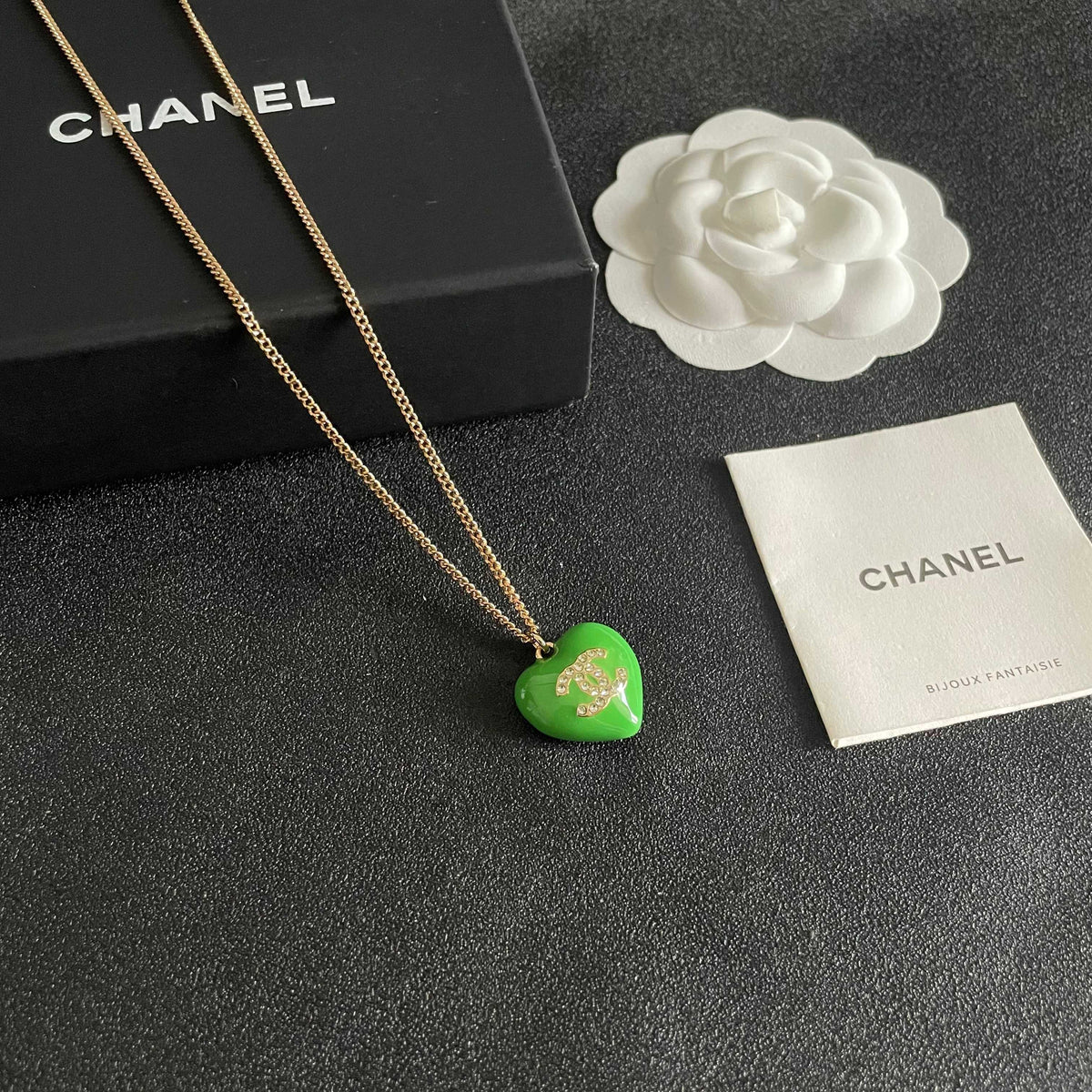 Double-C Emblem Crystal-Accent Pendant Necklace – Heart Detail – Design 006 styled product view