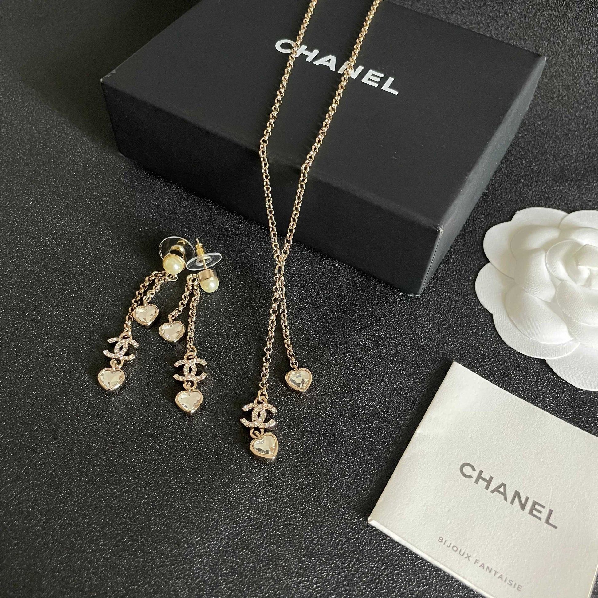 Double-C Emblem Crystal-Accent Statement Earrings – Heart Detail side detail