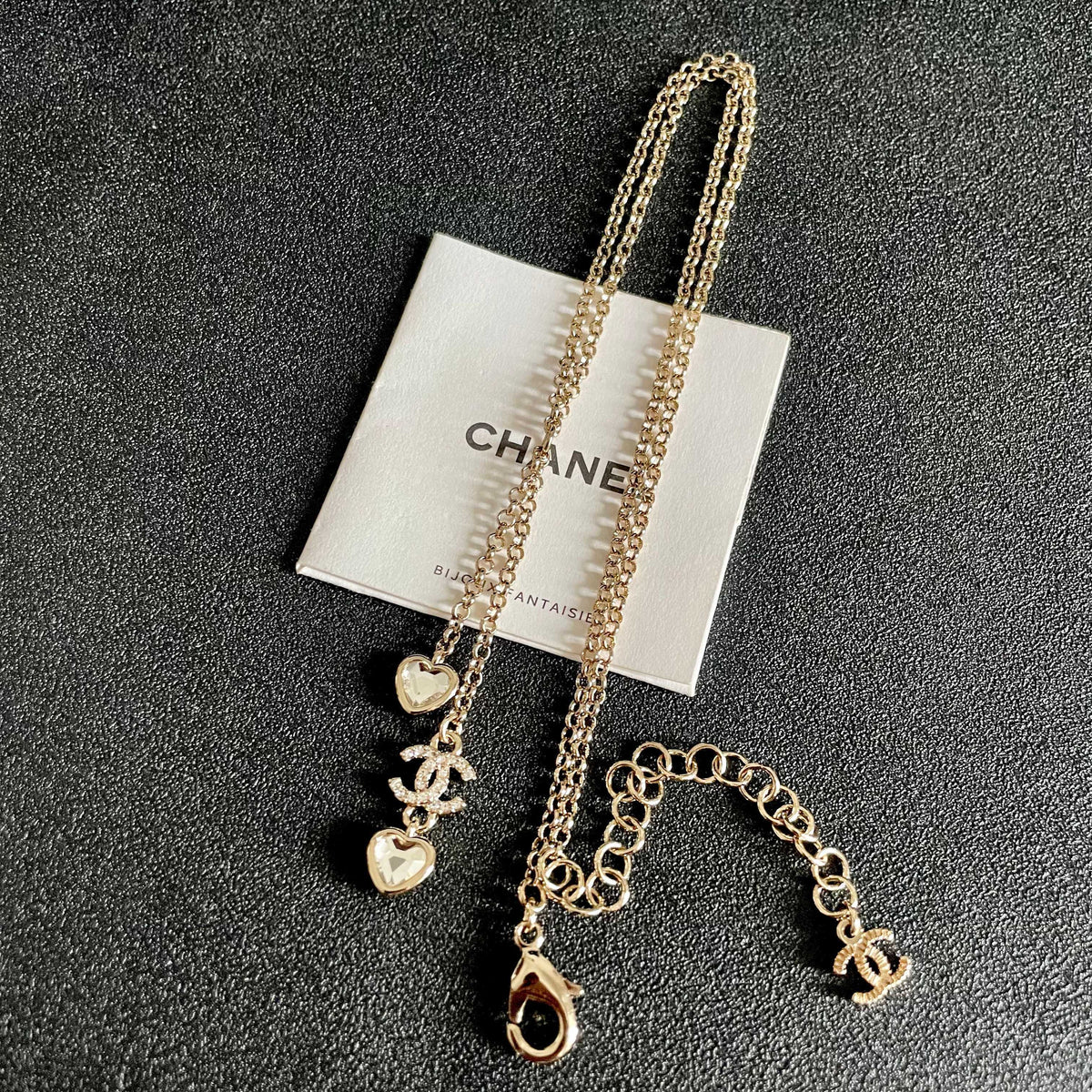 Double-C Emblem Crystal-Accent Pendant Necklace – Heart Detail – Design 003 detail view