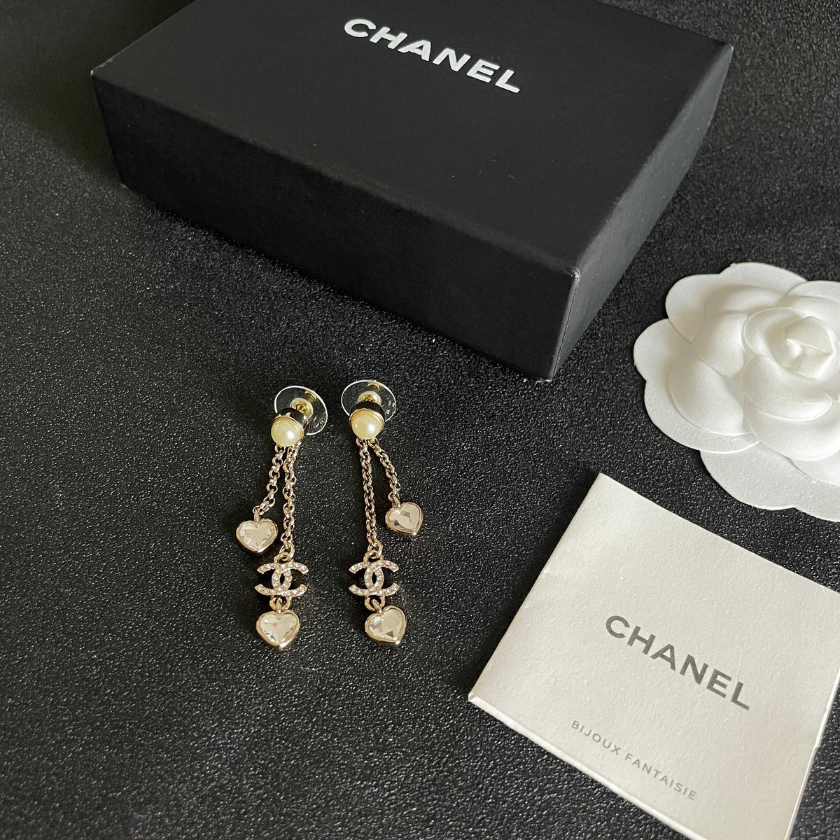 Double-C Emblem Crystal-Accent Statement Earrings – Heart Detail close-up detail