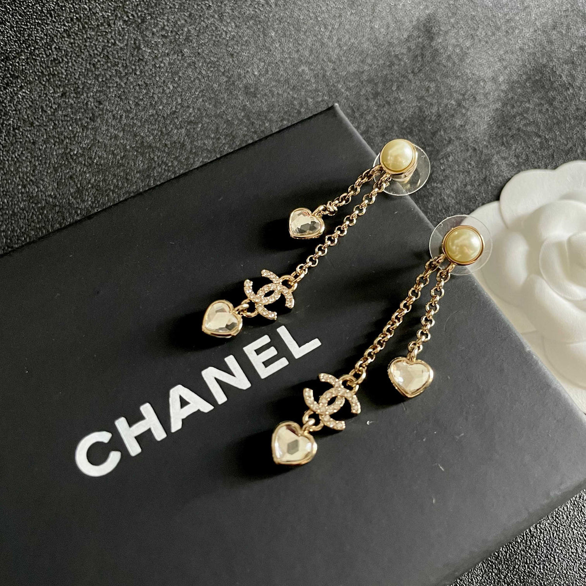 Double-C Emblem Crystal-Accent Statement Earrings – Heart Detail detail view