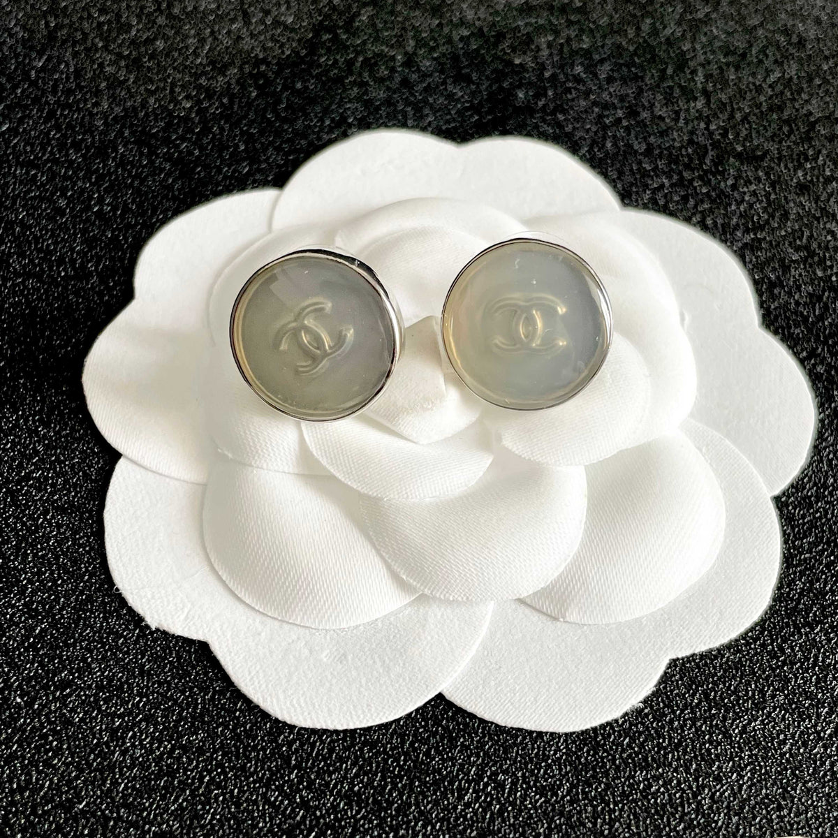 Double-C Emblem Stud Earrings in Polished Metal-Tone – Design 231 front product view