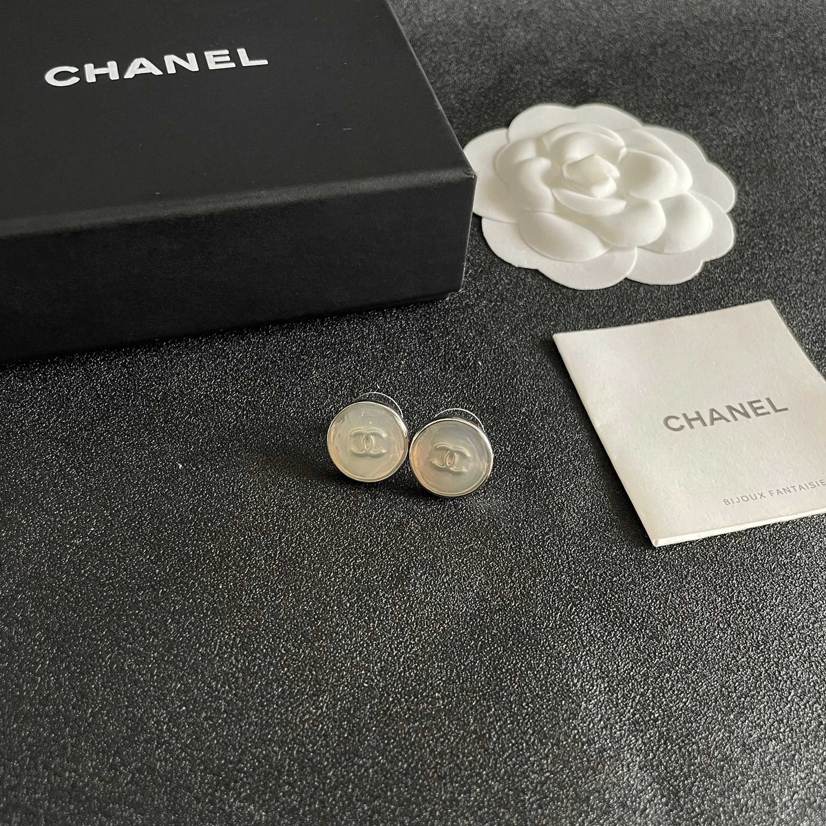 Double-C Emblem Stud Earrings in Polished Metal-Tone – Design 231 styled product view