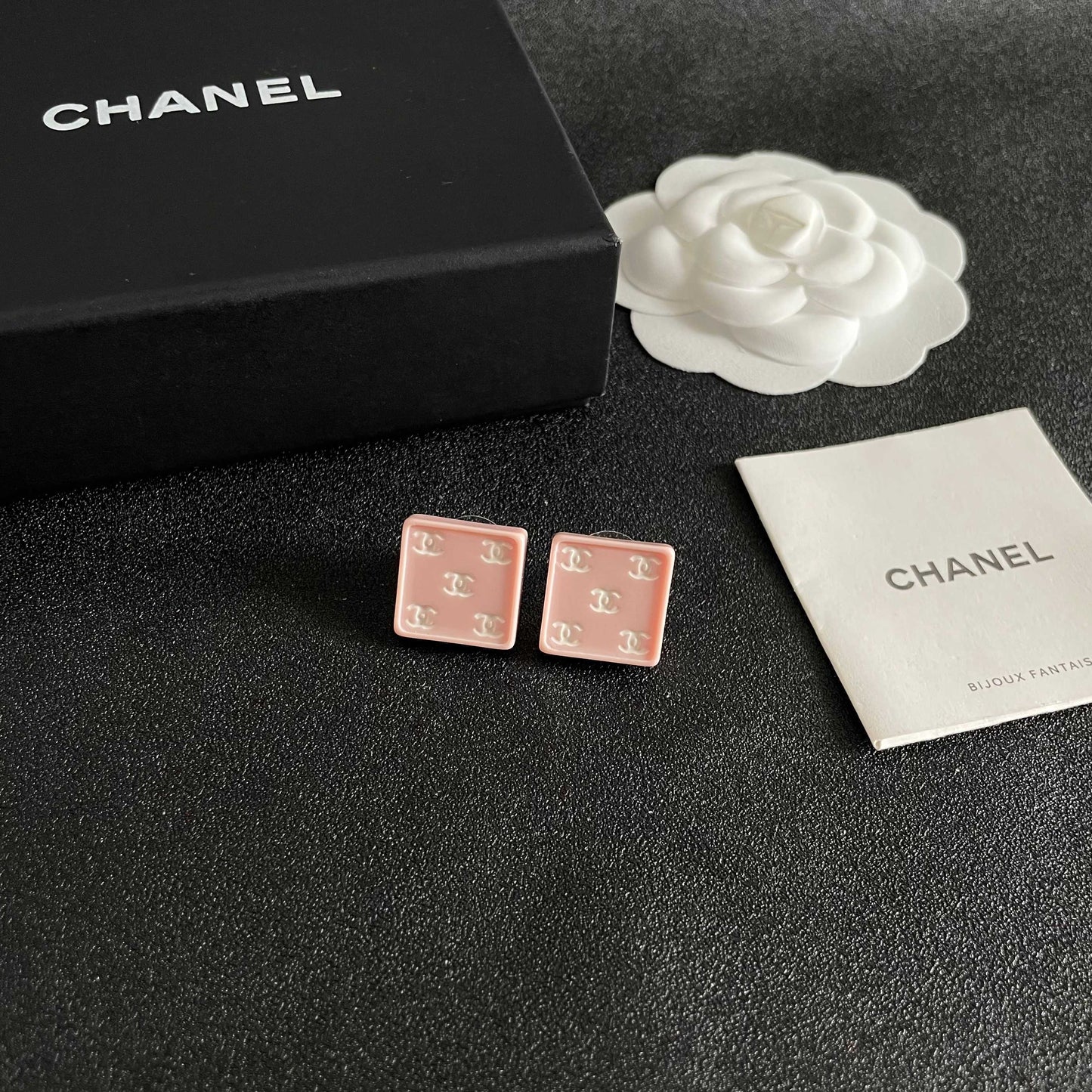 Double-C Emblem Stud Earrings in Polished Metal-Tone – Design 229 styled product view