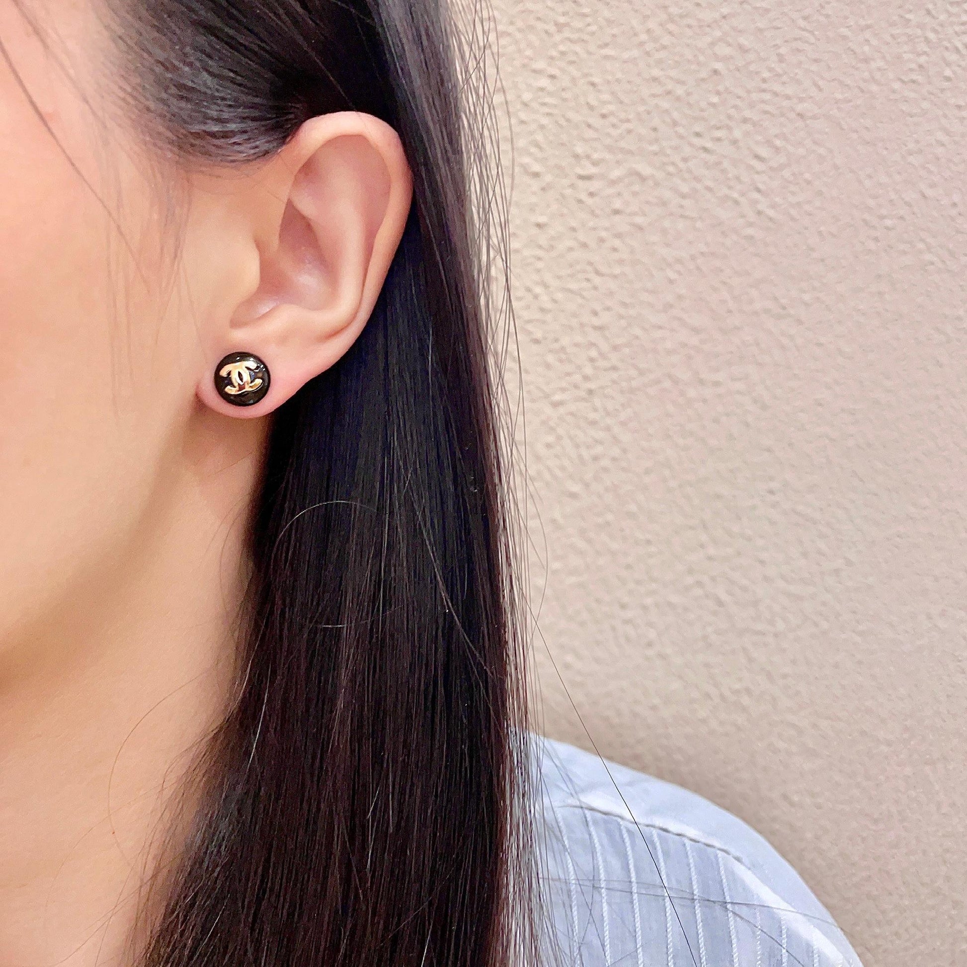 Signature Emblem Stud Earrings in Polished Metal-Tone – Design 050 detail view