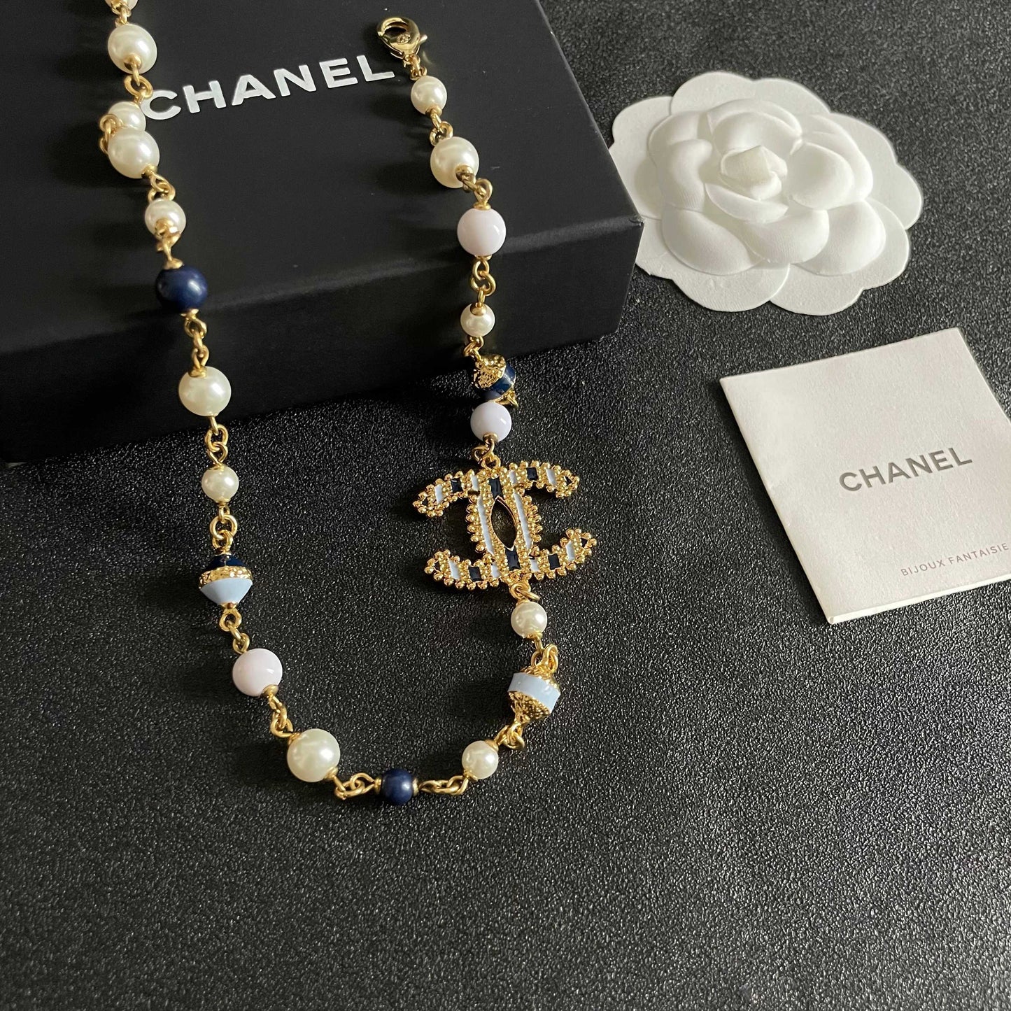 Double-C Emblem Pearl-Detail Pendant Necklace – Pearl Detail – Design 068 main product view