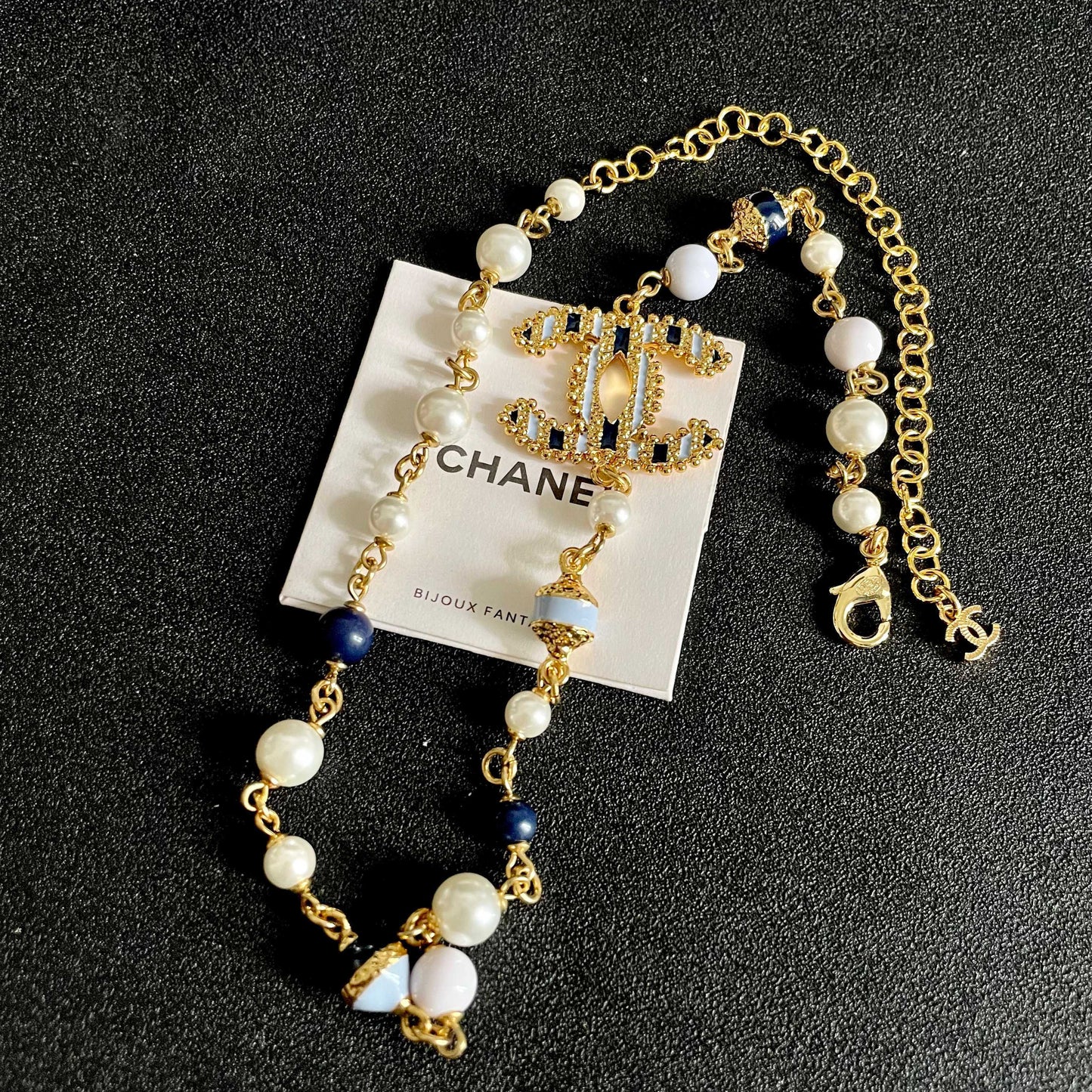 Double-C Emblem Pearl-Detail Pendant Necklace – Pearl Detail – Design 068 side detail