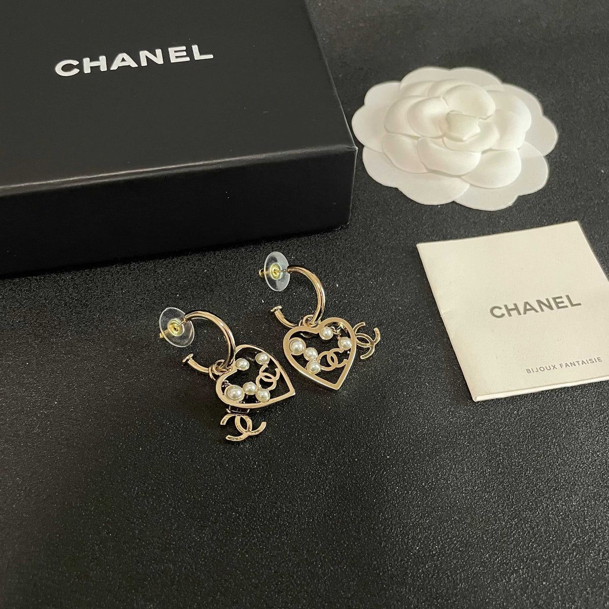 Double-C Emblem Stud Earrings in Polished Metal-Tone – Heart Detail – Design 008 styled product view