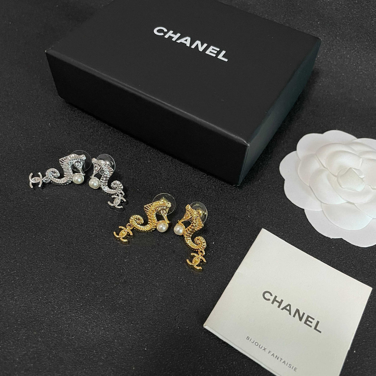 Double-C Emblem Pearl-Detail Statement Earrings – Pearl Detail – Design 016 close-up detail