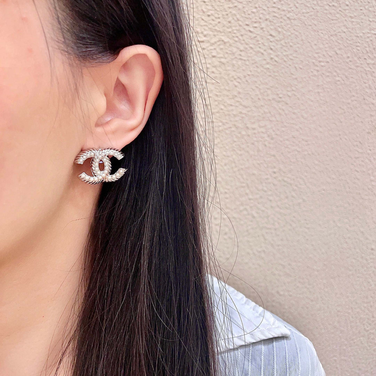 Signature Emblem Stud Earrings in Polished Metal-Tone – Design 034 detail view