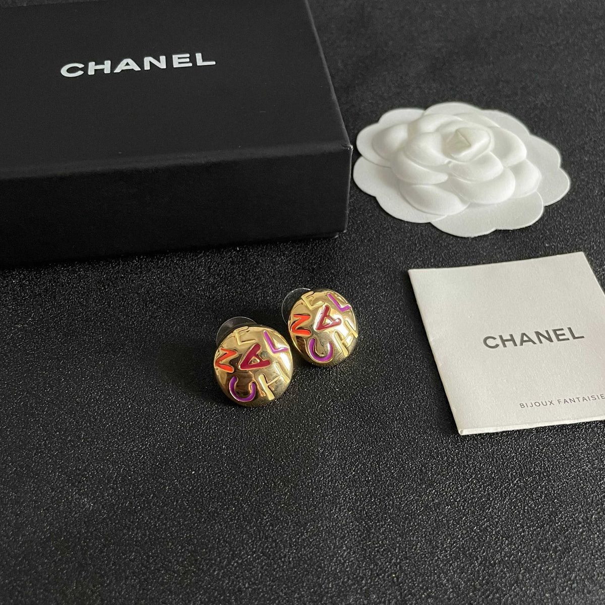 Double-C Emblem Stud Earrings in Polished Metal-Tone – Design 245 styled product view