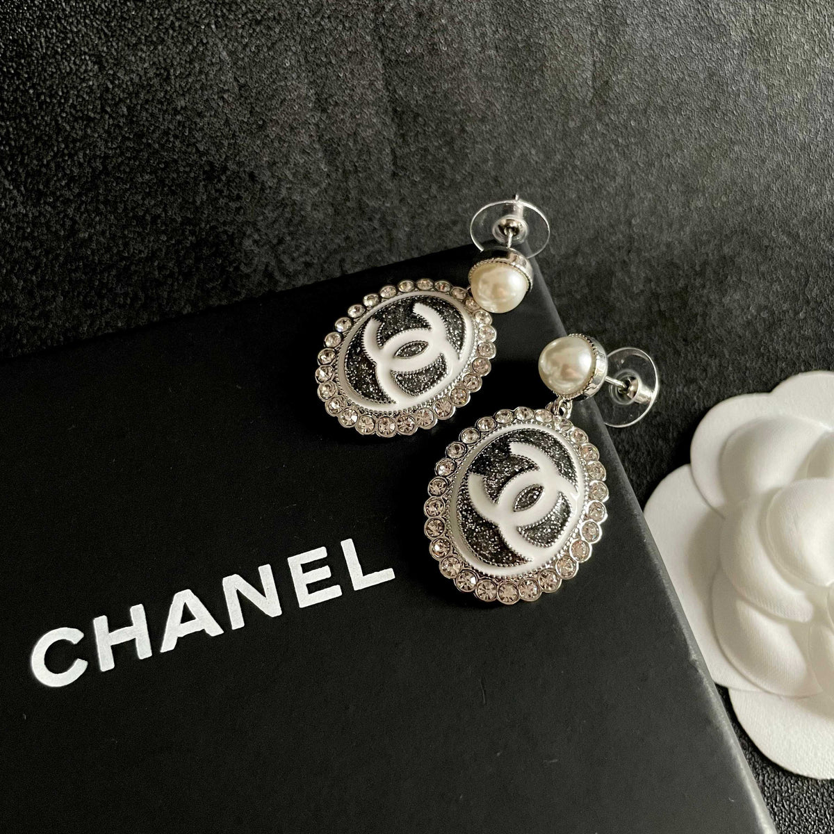 Double-C Emblem Pearl-Detail Statement Earrings – Pearl Detail – Design 015 detail view