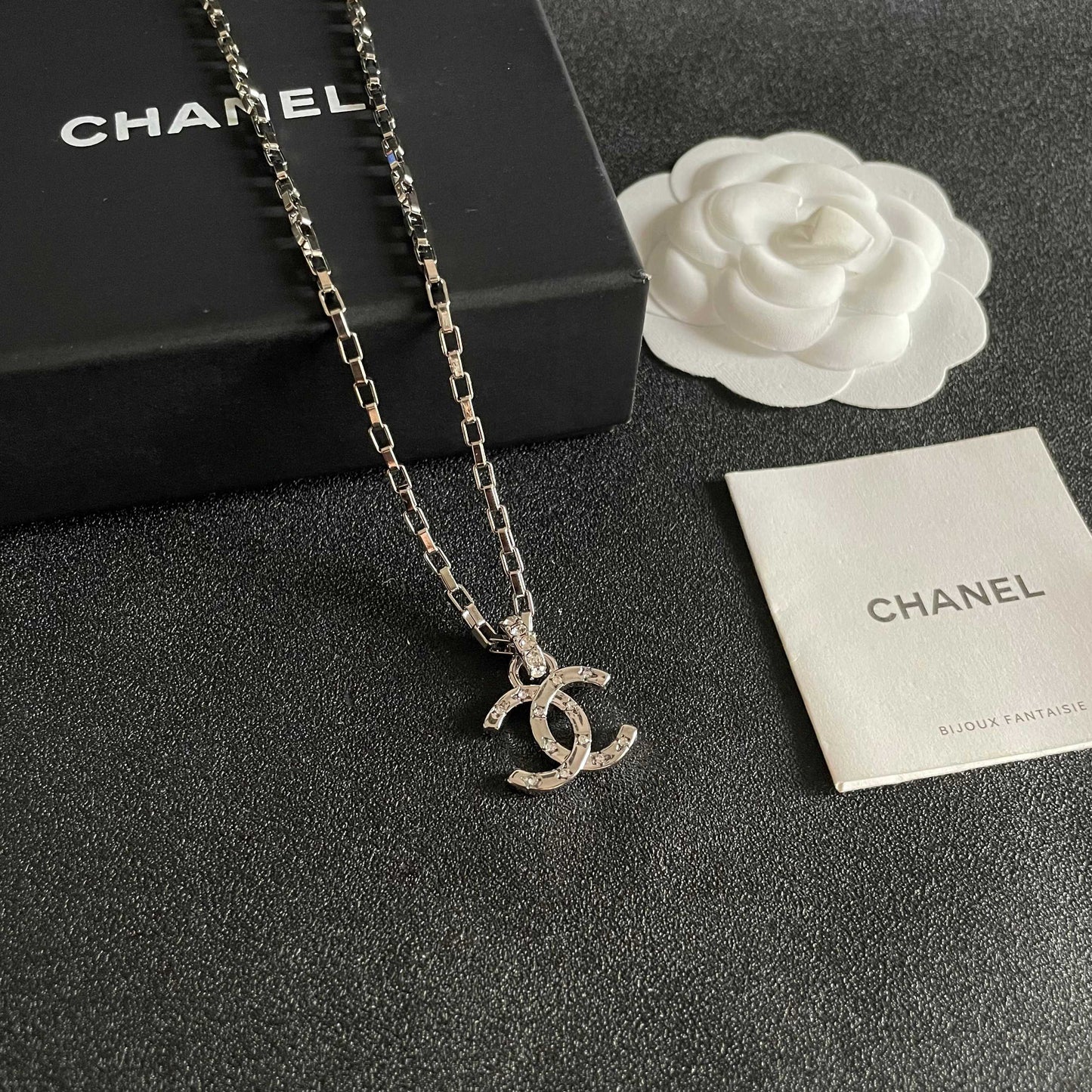 Double-C Emblem Crystal-Accent Pendant Necklace – Design 032 styled product view