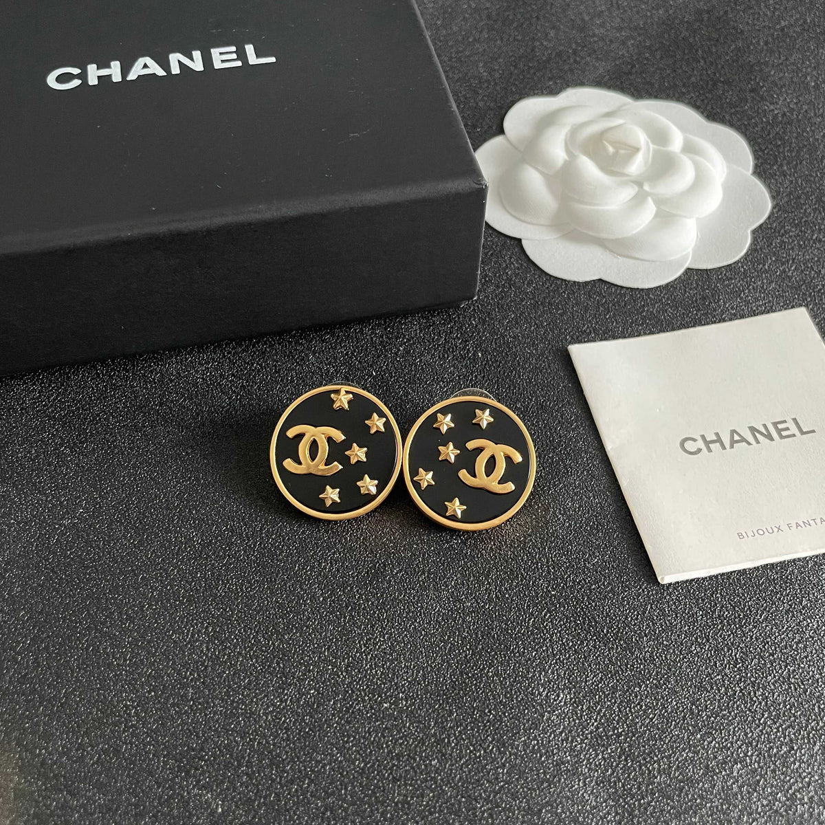 Double-C Emblem Stud Earrings in Polished Metal-Tone – Star Detail – Design 007 styled product view