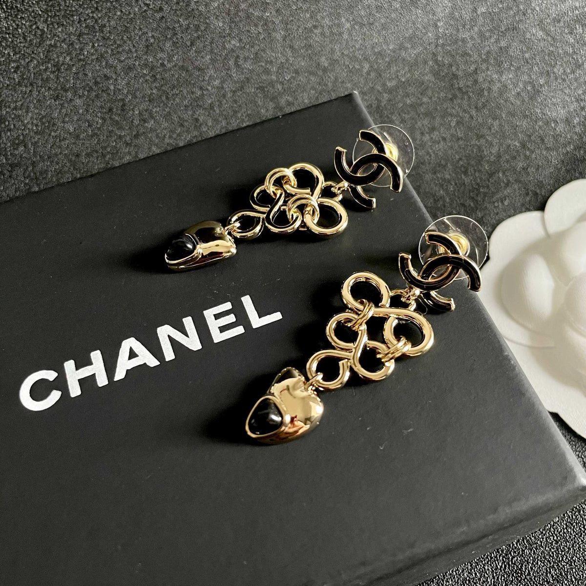 Double-C Emblem Statement Earrings in Polished Metal-Tone – Design 035 detail view