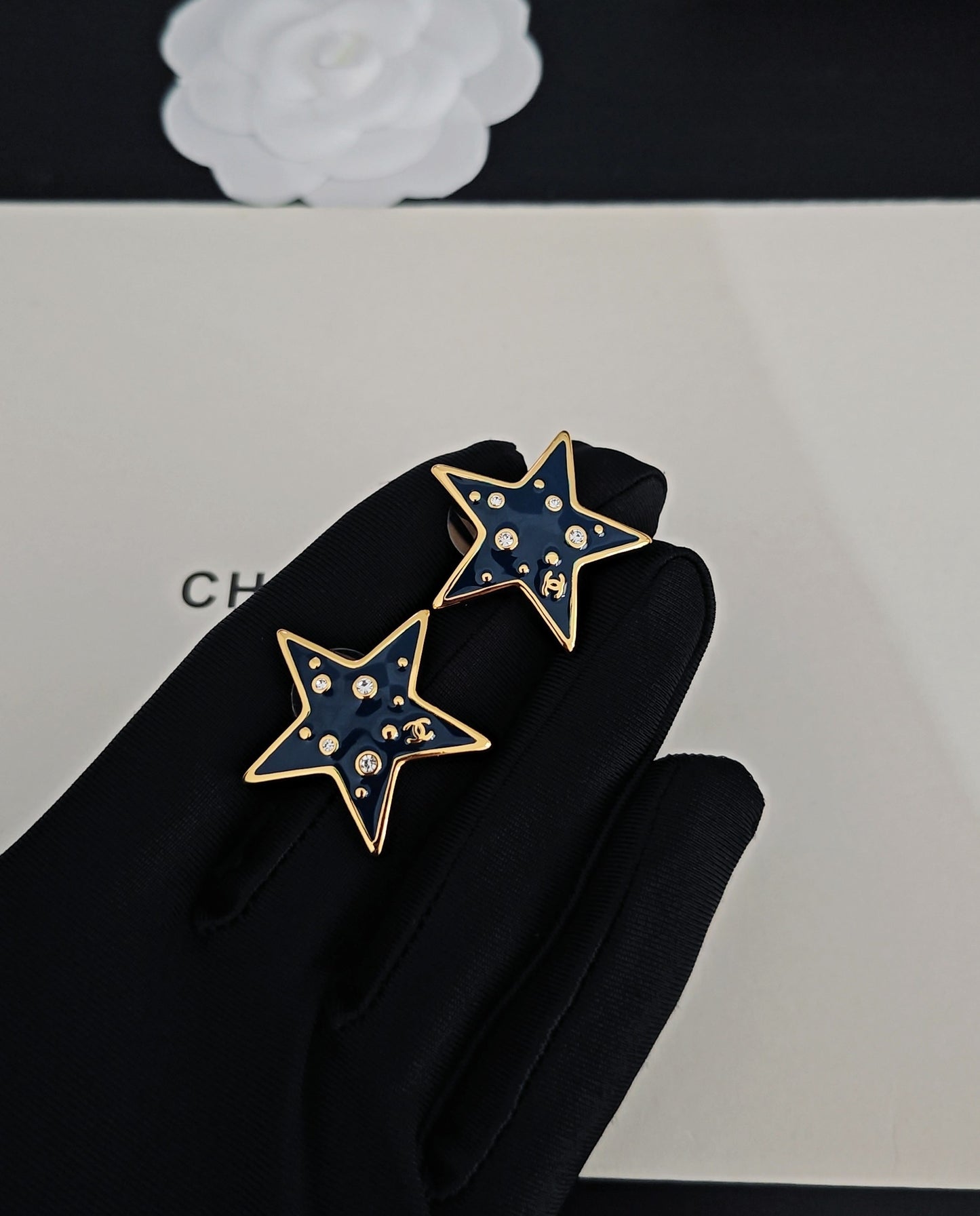 Signature Emblem Stud Earrings in Gold-Tone – Blue Detail – Design 003 detail view
