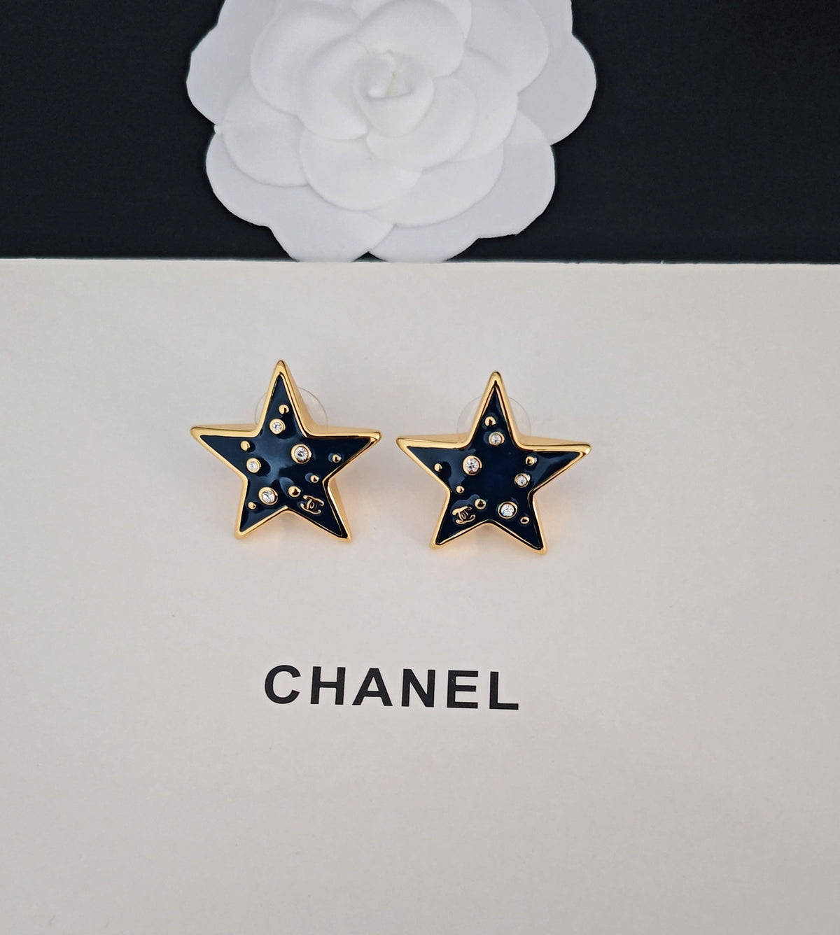 Signature Emblem Stud Earrings in Gold-Tone – Blue Detail – Design 003 side detail