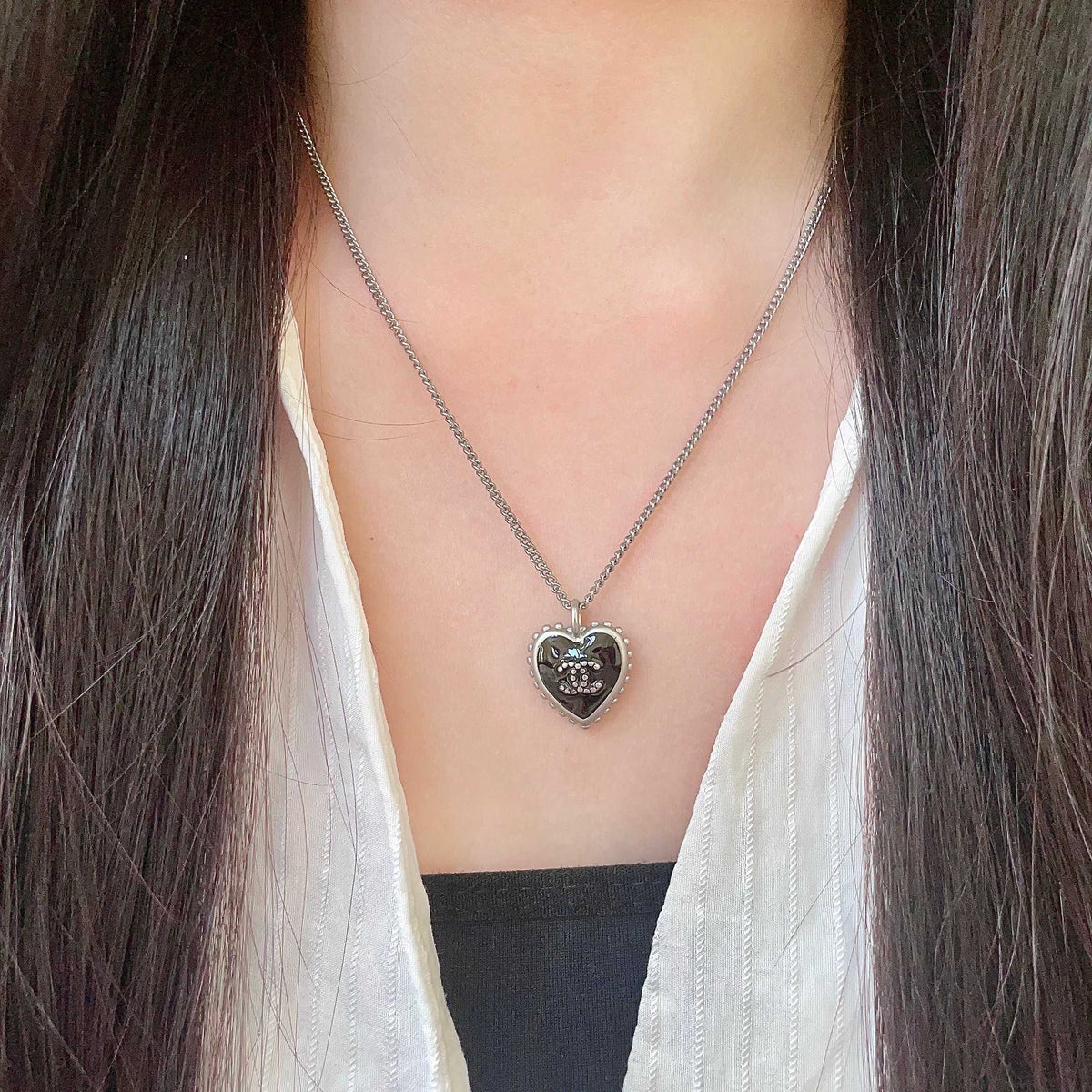Double-C Emblem Pendant Necklace in Polished Metal-Tone – Heart Detail – Design 005 detail view