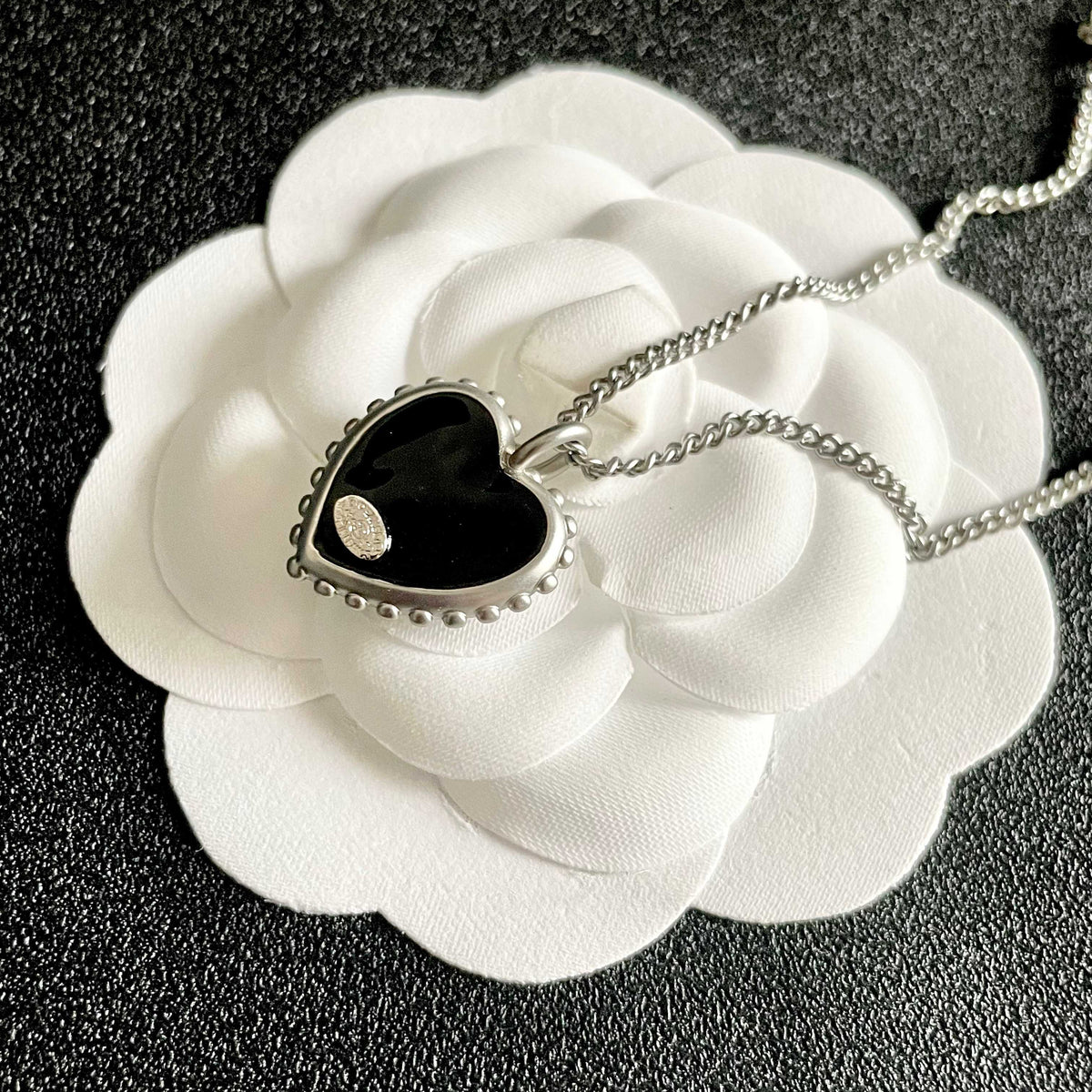 Double-C Emblem Pendant Necklace in Polished Metal-Tone – Heart Detail – Design 005 front product view