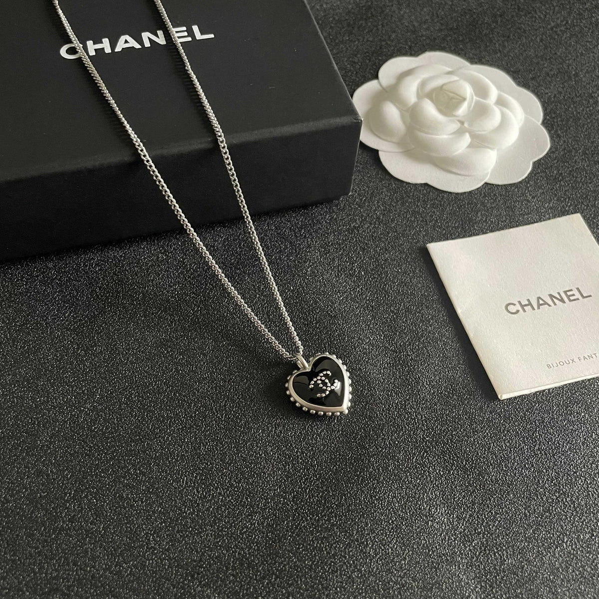 Double-C Emblem Pendant Necklace in Polished Metal-Tone – Heart Detail – Design 005 styled product view