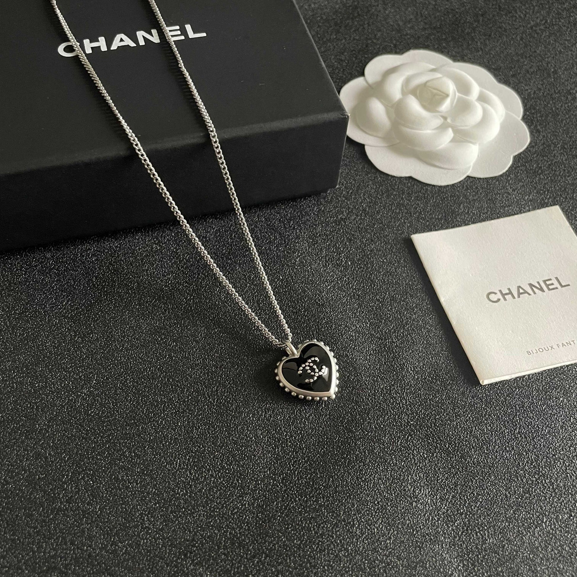 Double-C Emblem Pendant Necklace in Polished Metal-Tone – Heart Detail – Design 005 styled product view