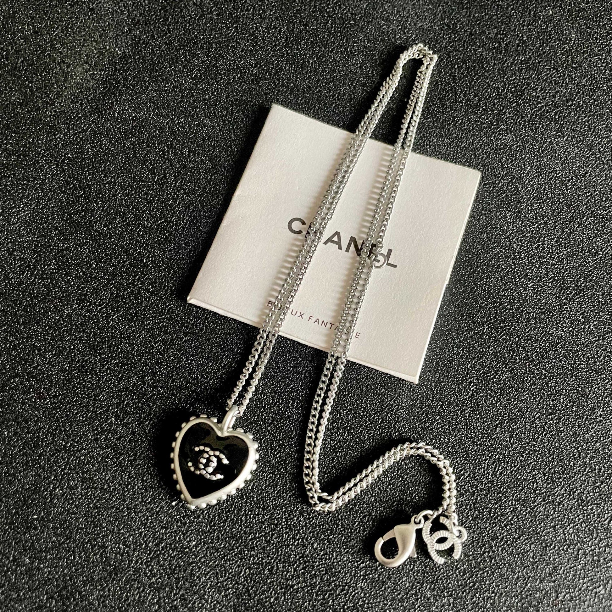 Double-C Emblem Pendant Necklace in Polished Metal-Tone – Heart Detail – Design 005 detail view