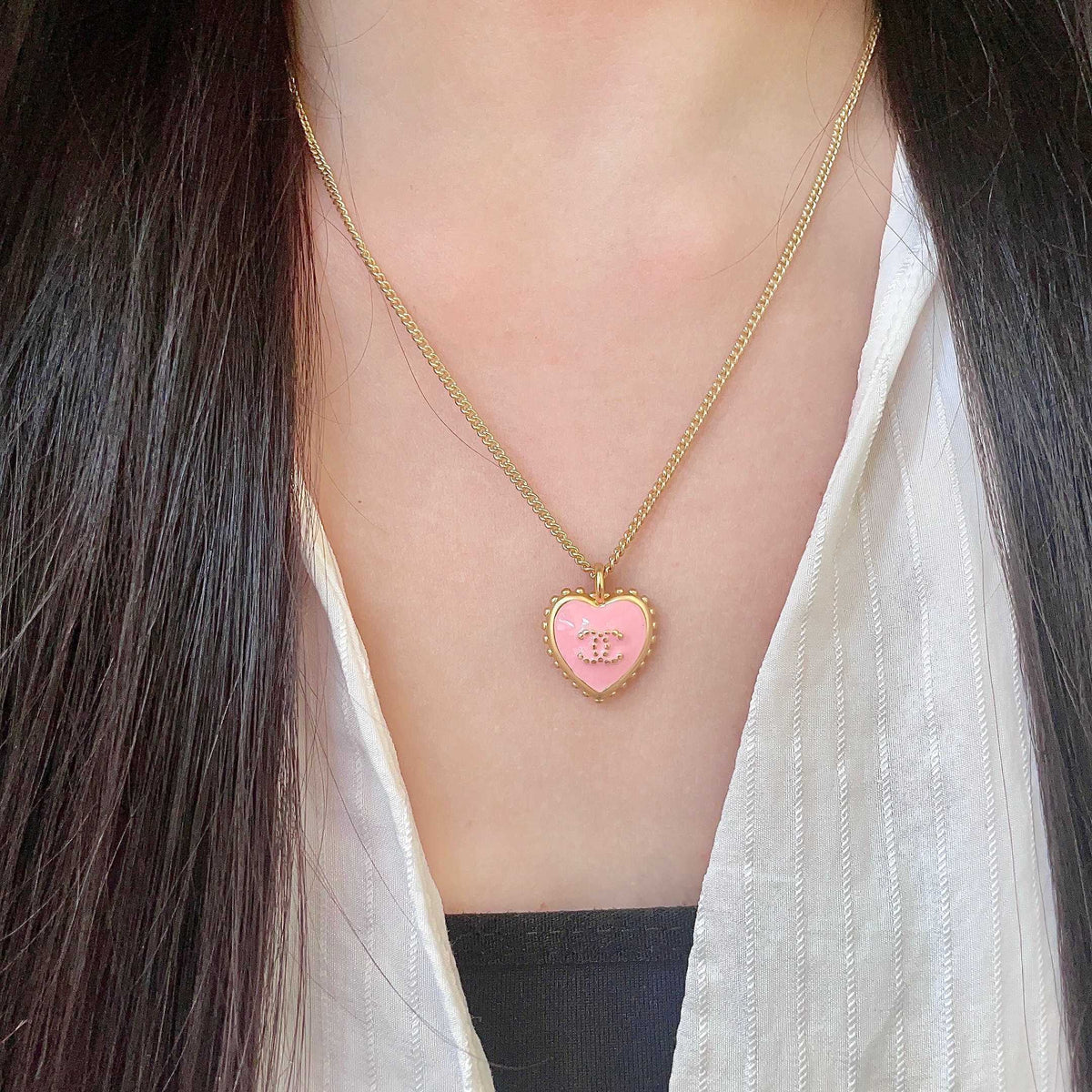 Double-C Emblem Pendant Necklace in Polished Metal-Tone – Heart Detail – Design 002 detail view